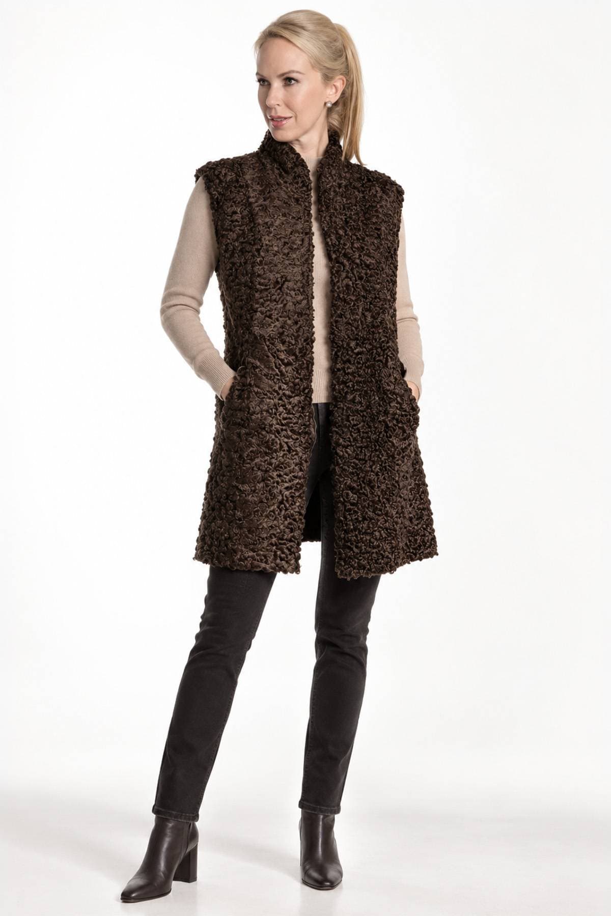 Brown Persian Lamb Shearling Reversible to Leather Vest | Women's -  - Alternative view 3