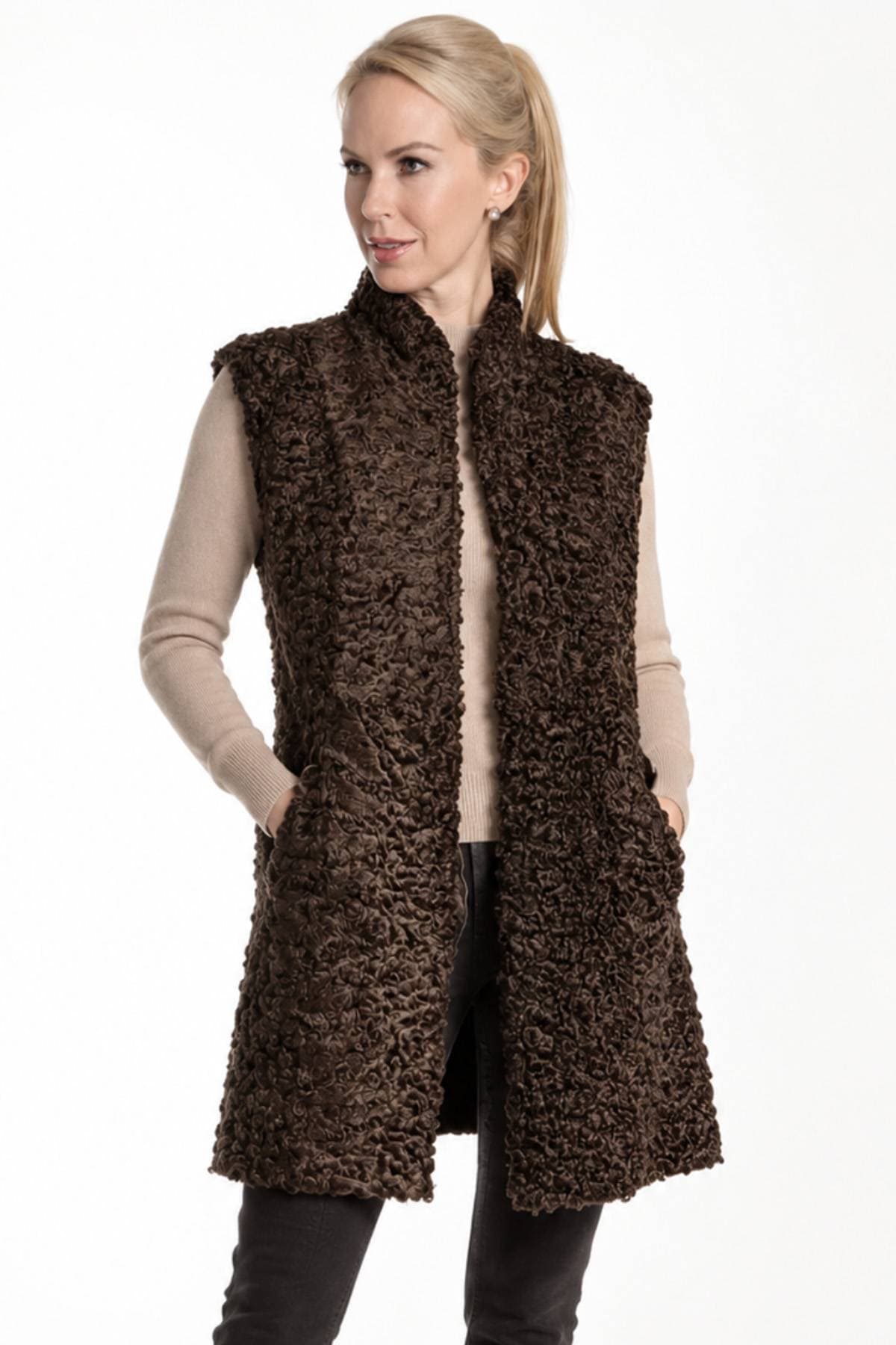 Brown Persian Lamb Shearling Reversible to Leather Vest | Women's -  - Main product view