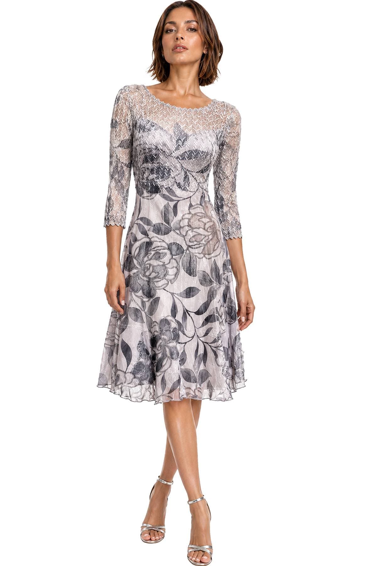 Komarov illusion neck dress in silver grey floral charmeuse with lace three-quarter sleeves, front view
