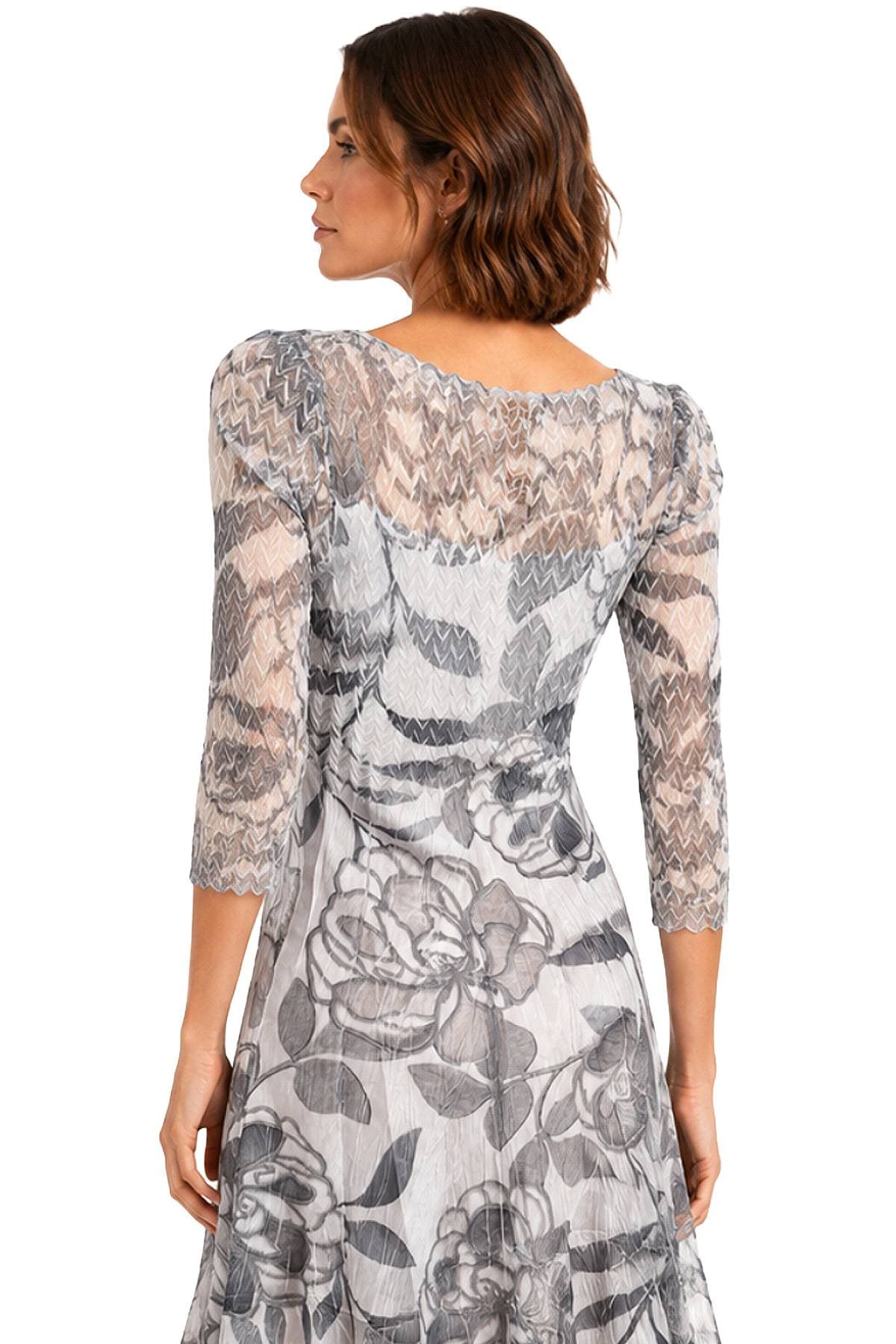 Komarov illusion neck dress in silver grey floral print, back view showing lace detail
