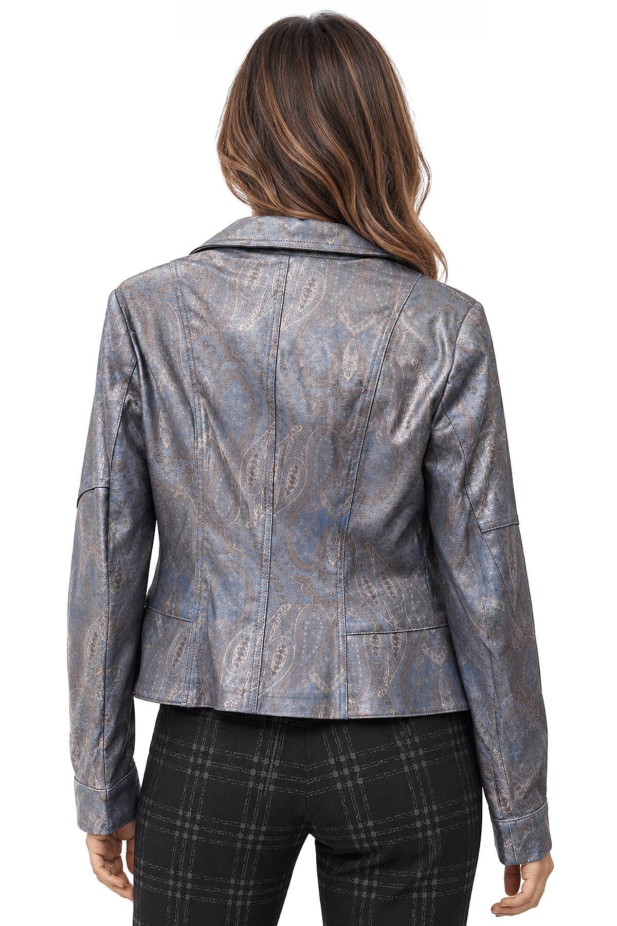 Blue Grey Metallic Printed Paisley Vegan Moto Jacket -  - Alternative view 3
