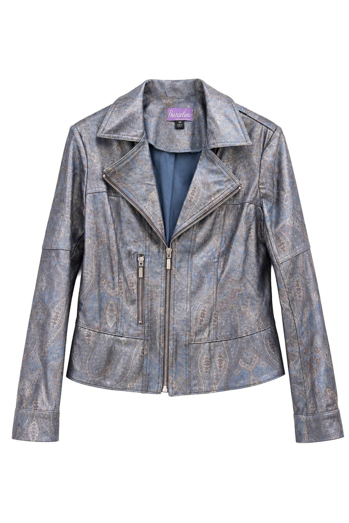 Blue Grey Metallic Printed Paisley Vegan Moto Jacket -  - Alternative view 5