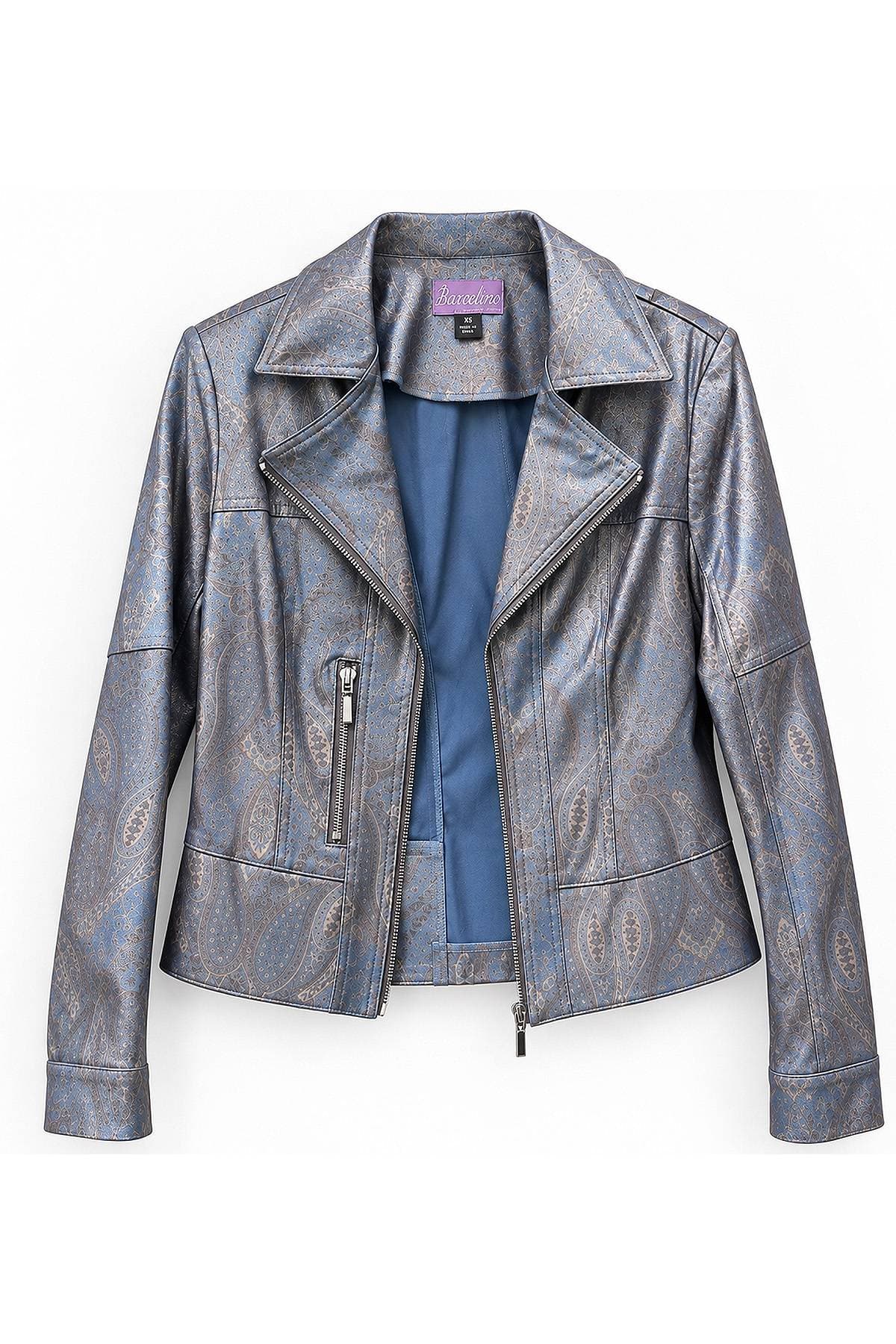Blue Grey Metallic Printed Paisley Vegan Moto Jacket -  - Alternative view 4