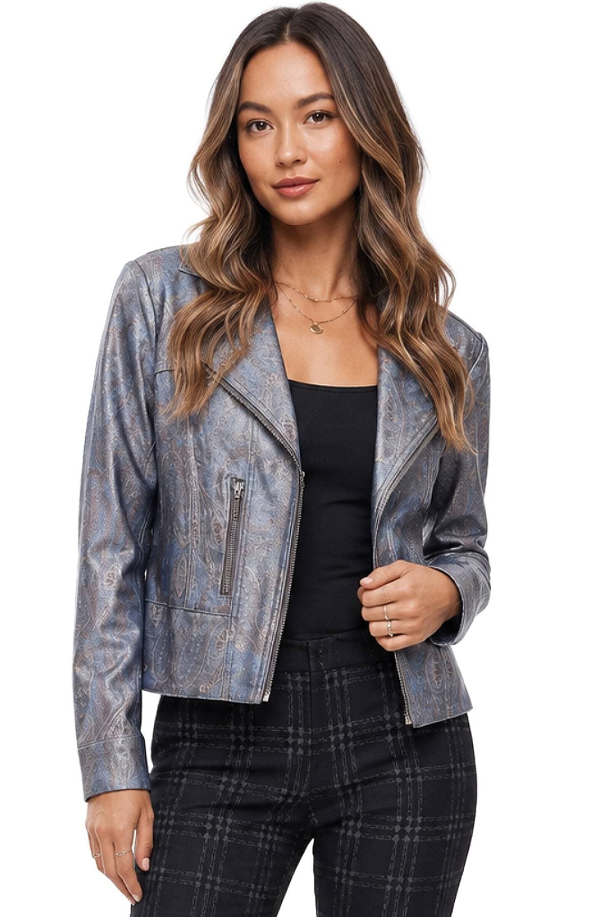 Blue Grey Metallic Printed Paisley Vegan Moto Jacket -  - Main product view