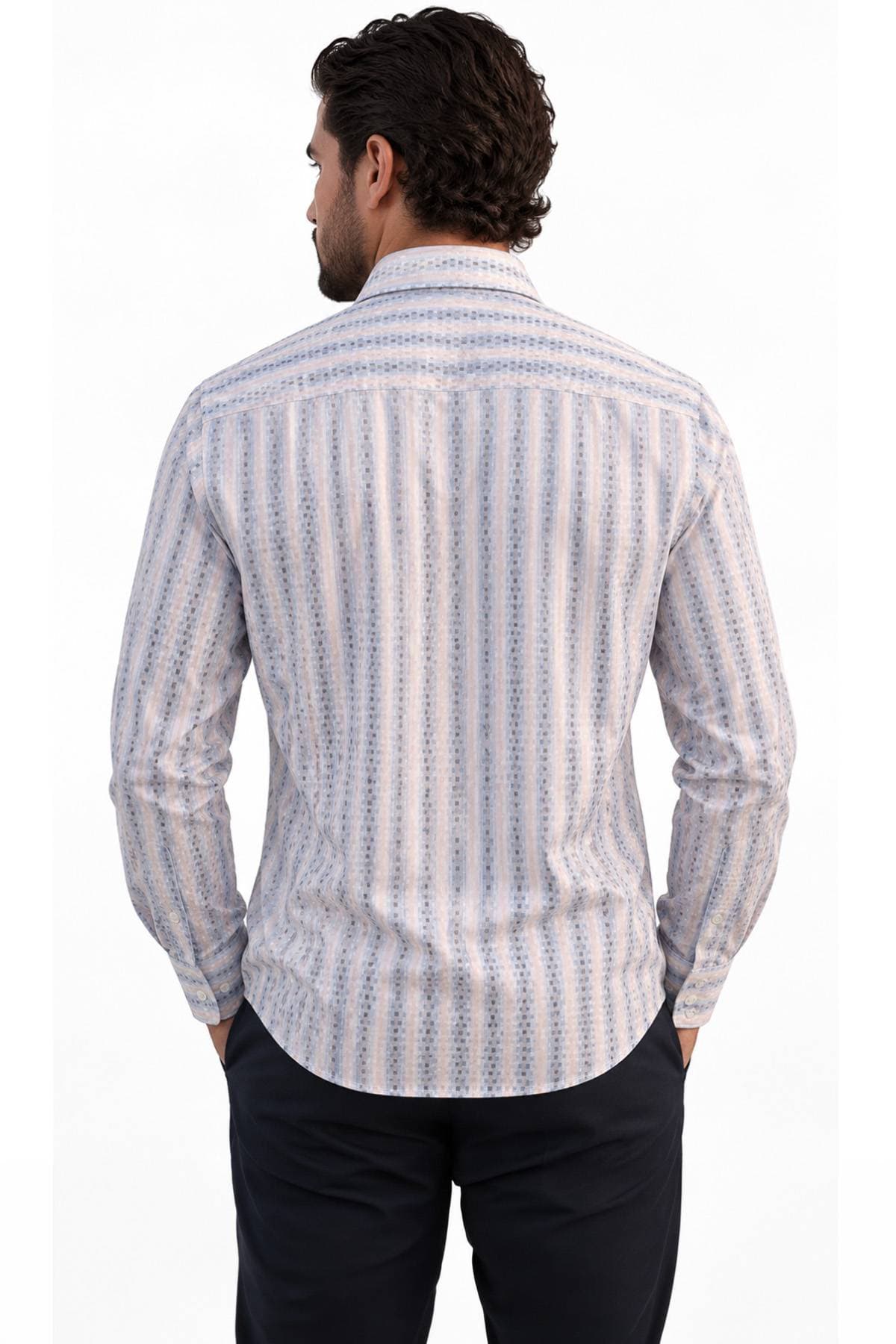 Blue & Tan Jacquard Woven Sport Shirt | Men's -  - Alternative view 2