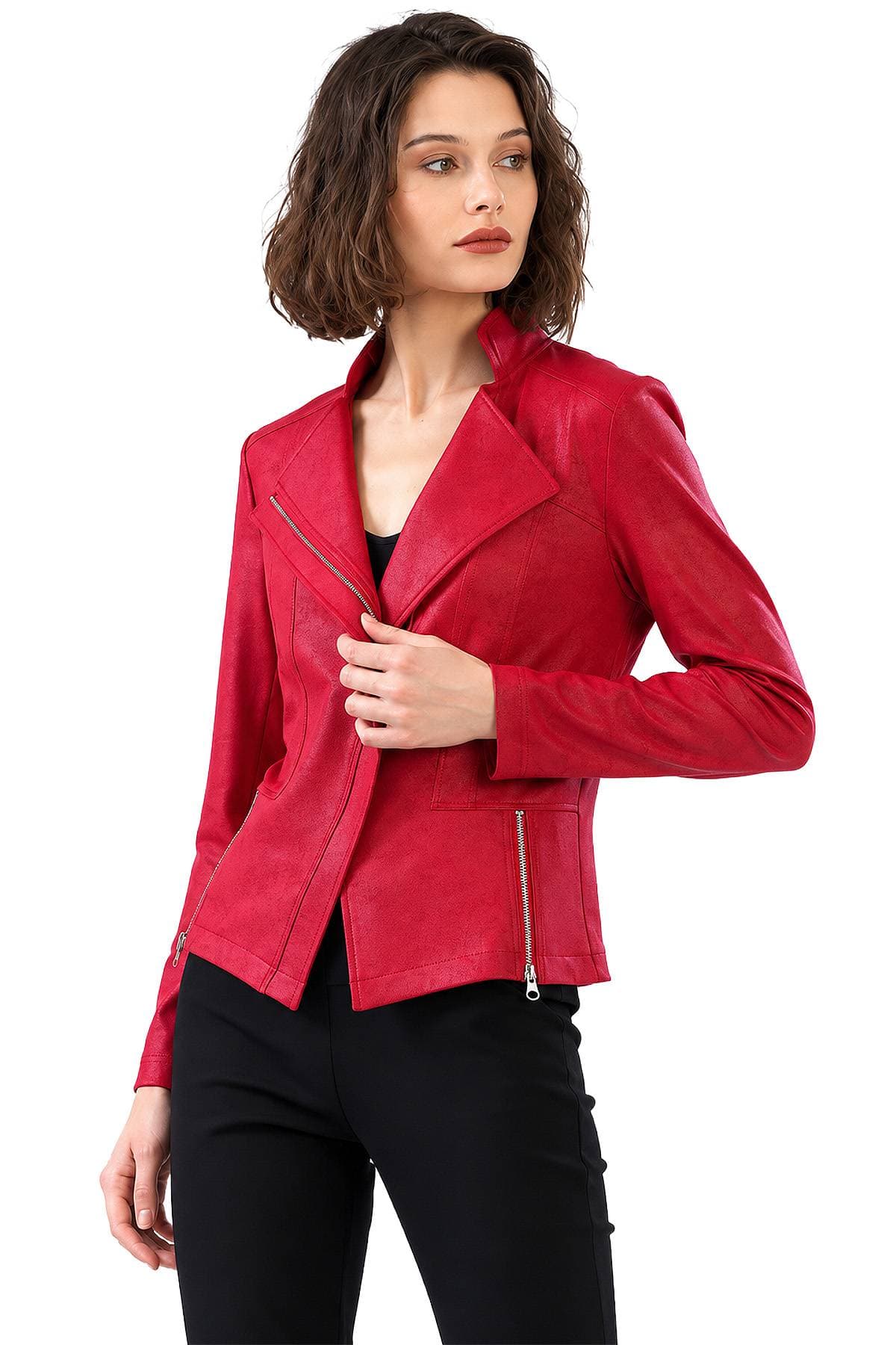 Red Liquid Leather Vegan Moto Jacket | Women's -  - Main product view