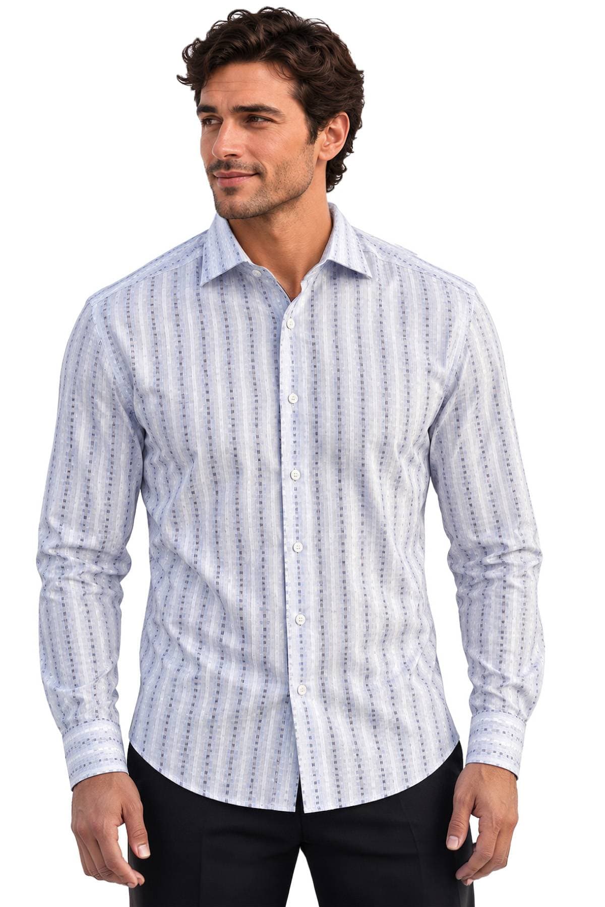 Blue & White Jacquard Stripe Sport Shirt | Men's -  - Main product view