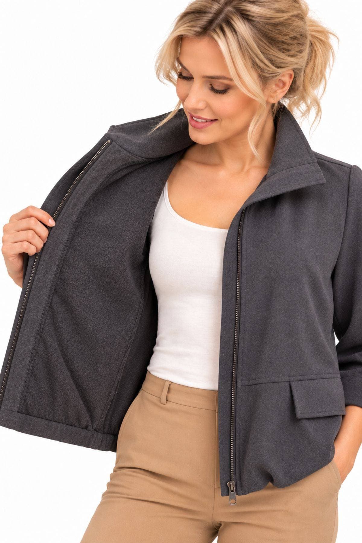 Charcoal Grey Crepe Zip Blouson Jacket | Women's -  - Alternative view 5