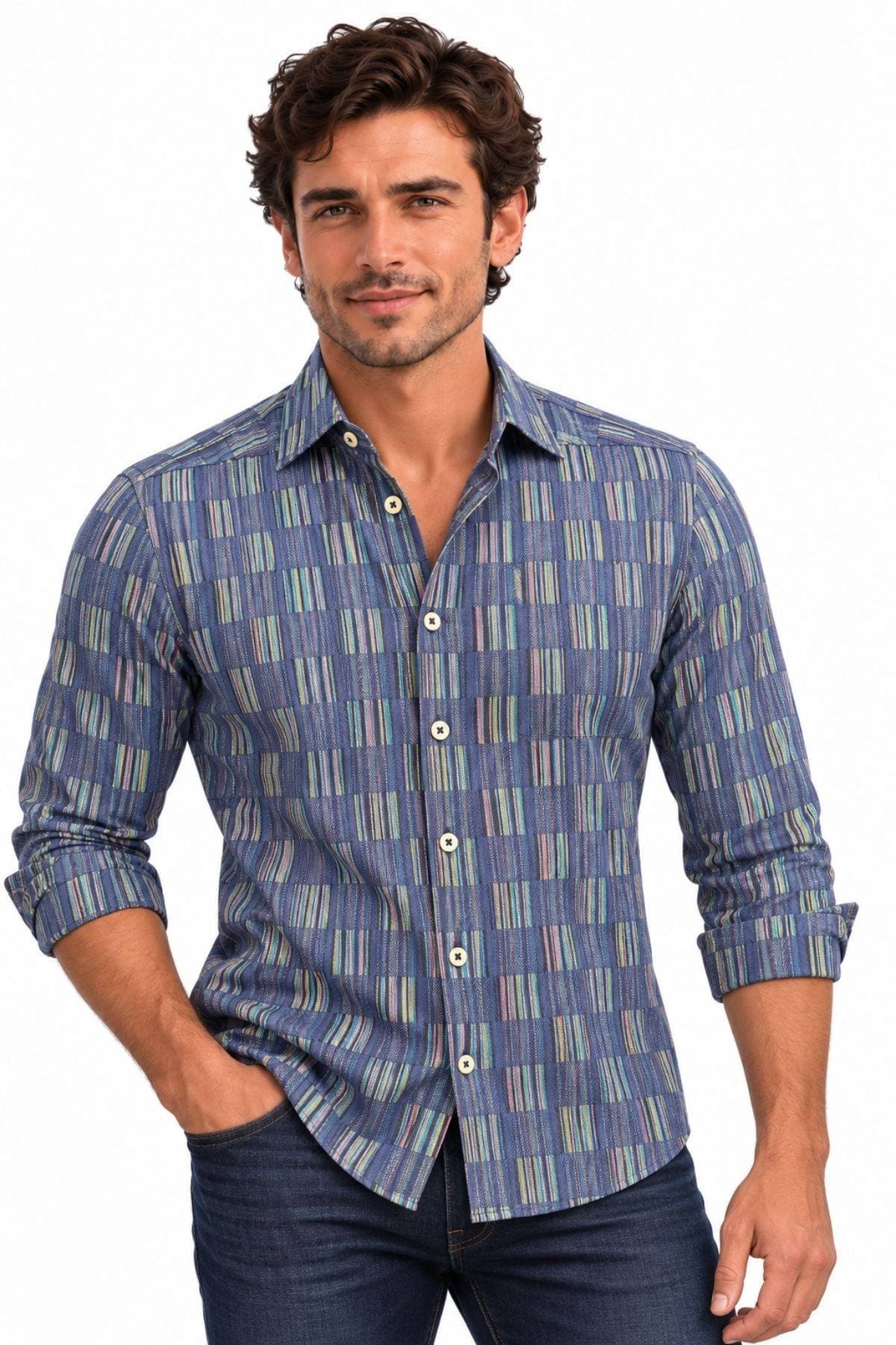 Cotton Woven Geo Stripe Shirt – Blue Multi - $195.00 – $215.00 - View 1 of 4