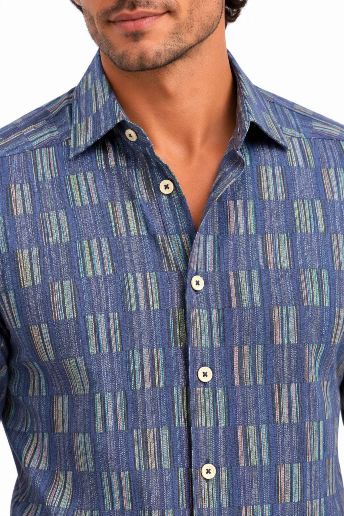 Cotton Woven Geo Stripe Shirt – Blue Multi - $195.00 – $215.00 - View 4 of 4