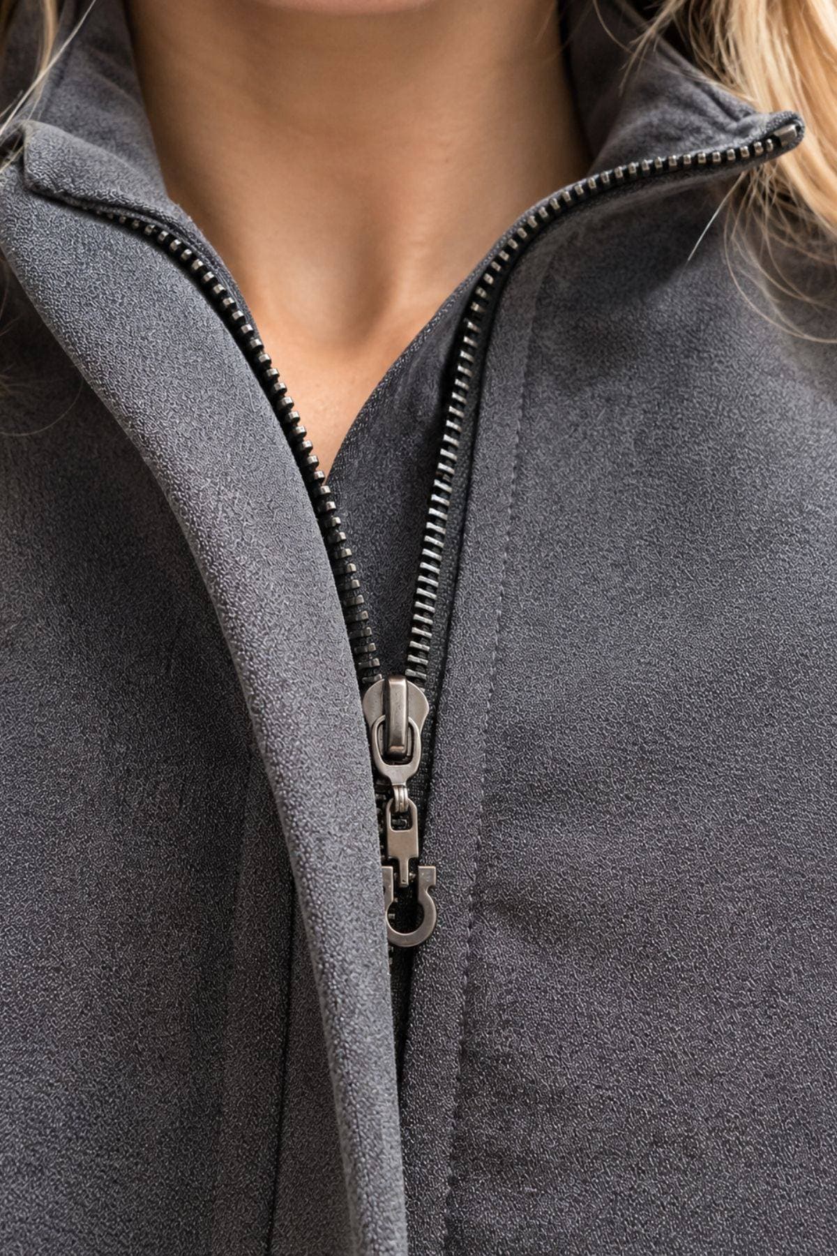 Charcoal Grey Crepe Zip Blouson Jacket | Women's -  - Alternative view 4