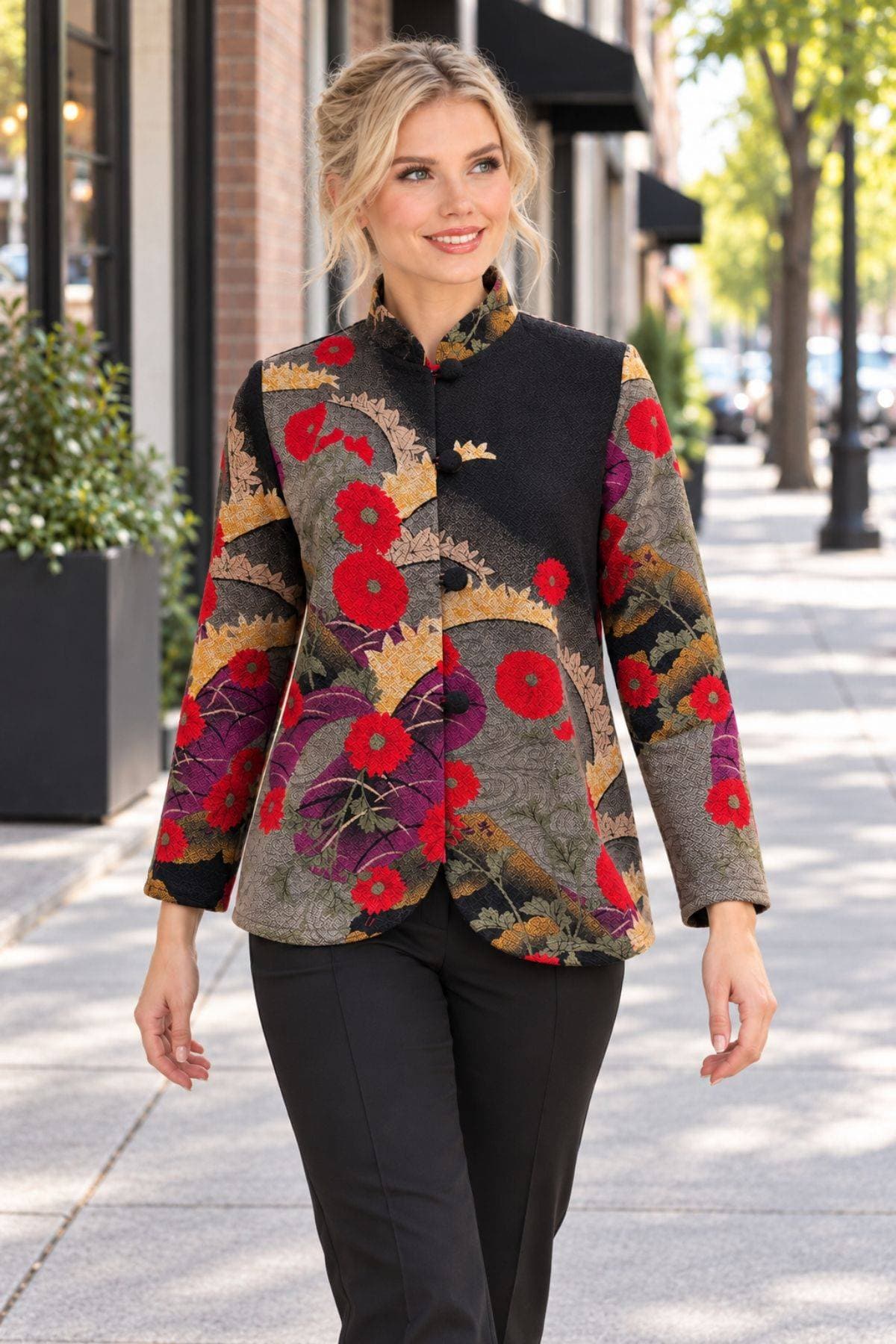 Asian-Inspired Floral Crepe Shirt Jacket | Women's -  - Alternative view 2