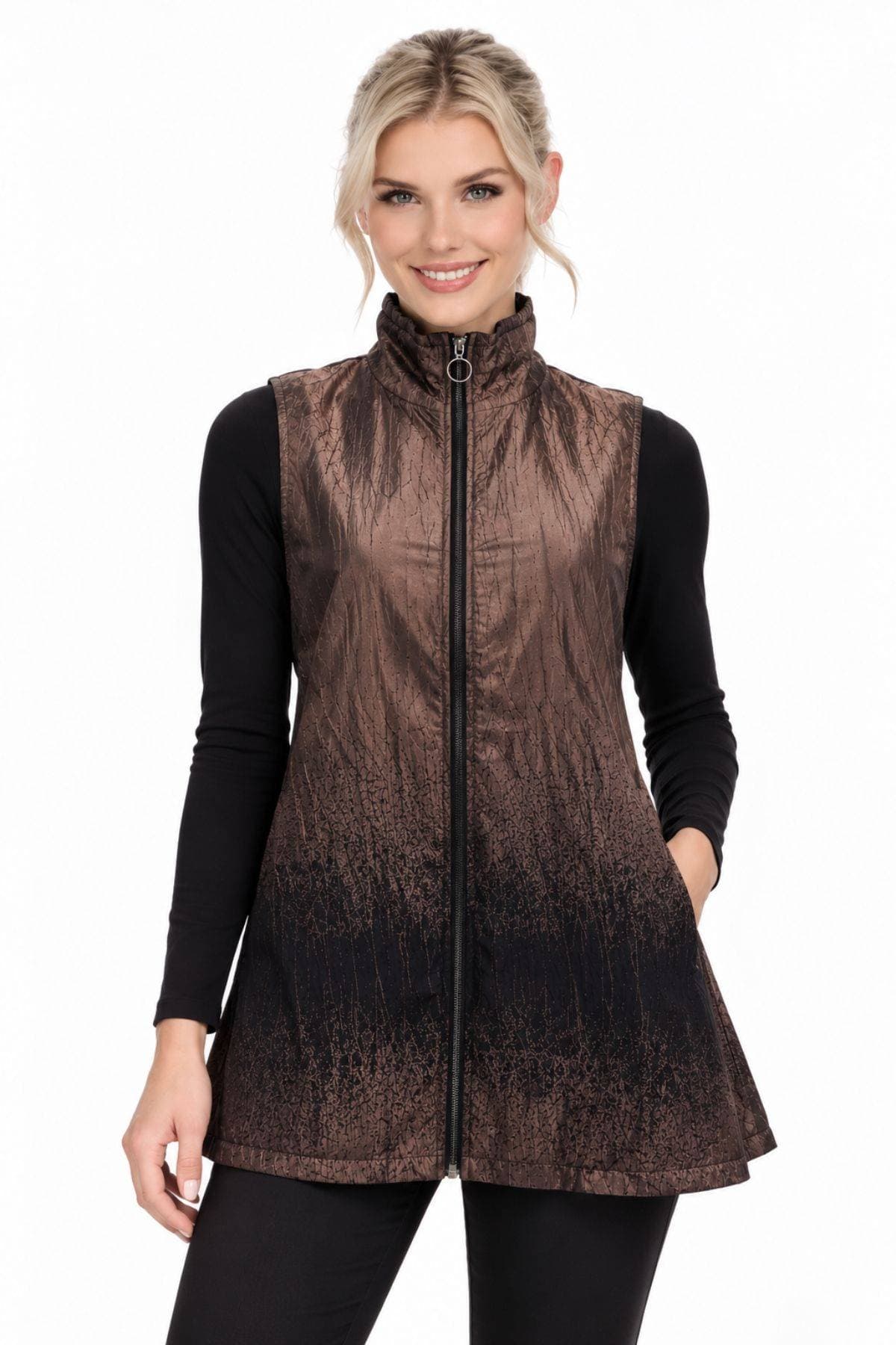 Brown Taffeta Ombré Stitch Zip Vest | Women's -  - Main product view