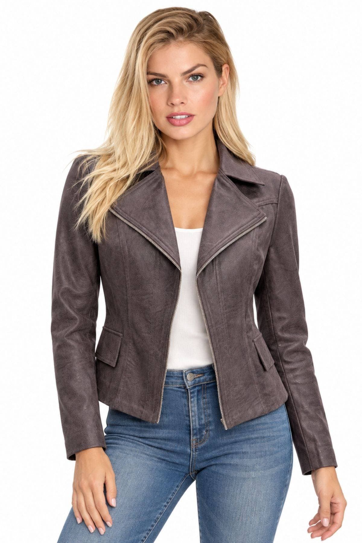 Grey Taupe Vegan Leather Moto-Inspired Jacket -  - Main product view