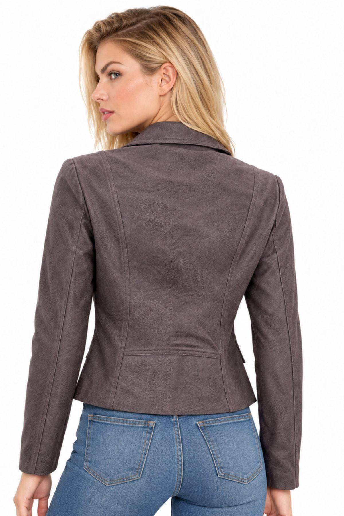 Grey Taupe Vegan Leather Moto-Inspired Jacket -  - Alternative view 4