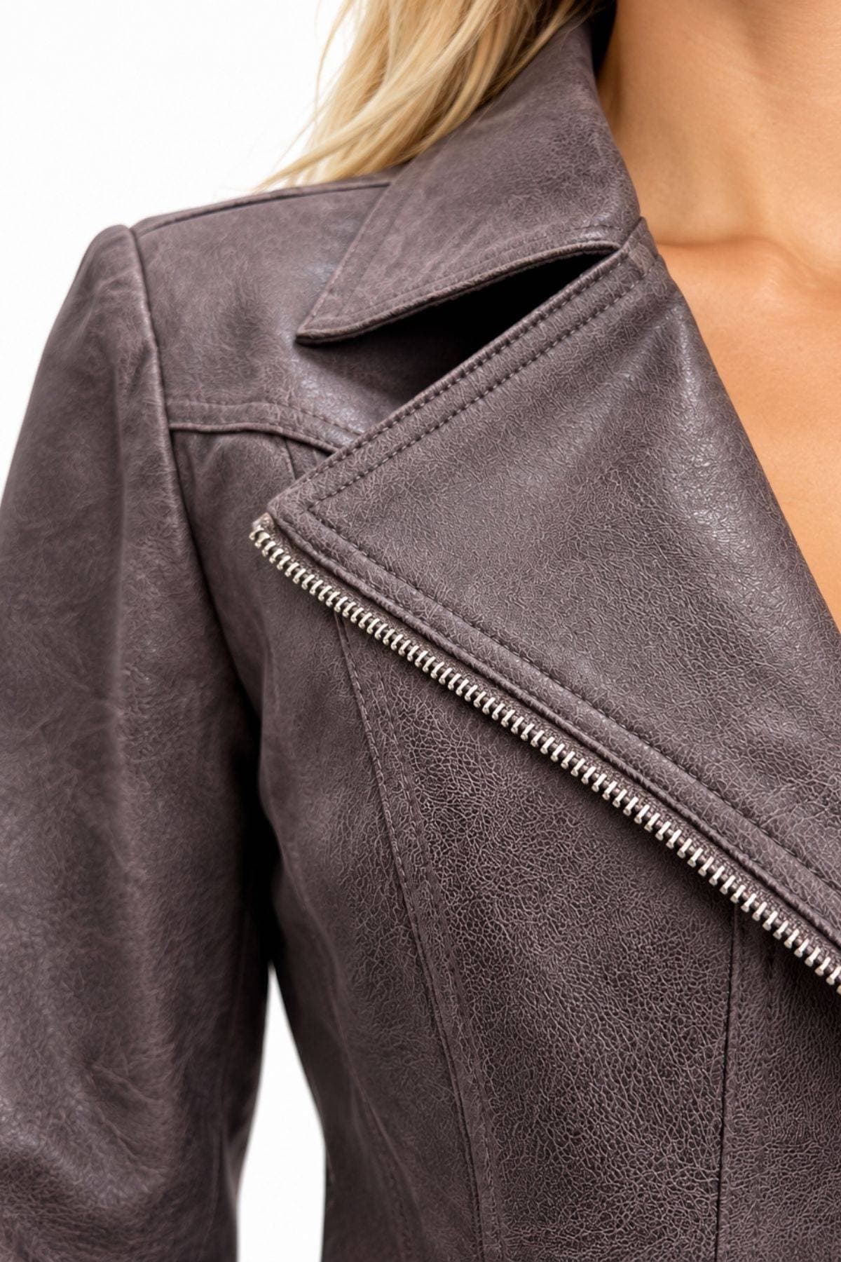Grey Taupe Vegan Leather Moto-Inspired Jacket -  - Alternative view 3