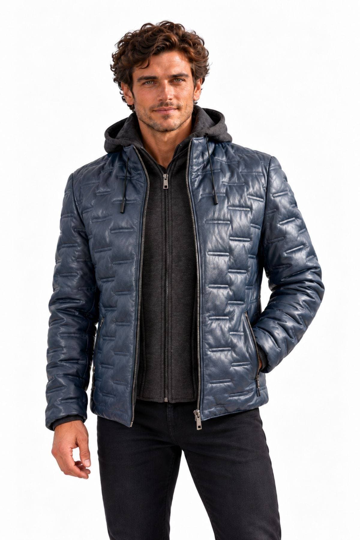 Milestone of Germany Leather Puffer Hooded Jacket – Deep Lagoon Blue -  - Main product view
