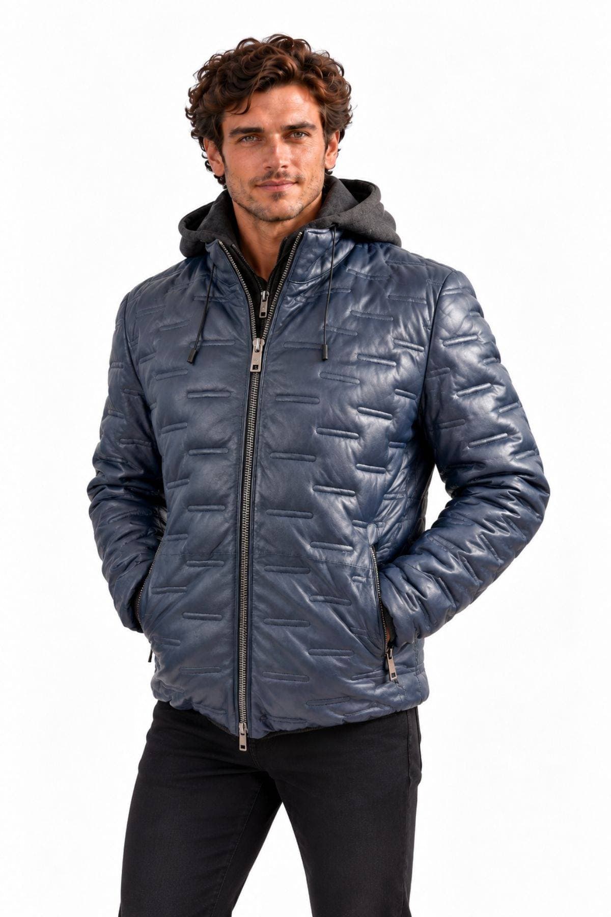 Milestone of Germany Leather Puffer Hooded Jacket – Deep Lagoon Blue -  - Alternative view 4