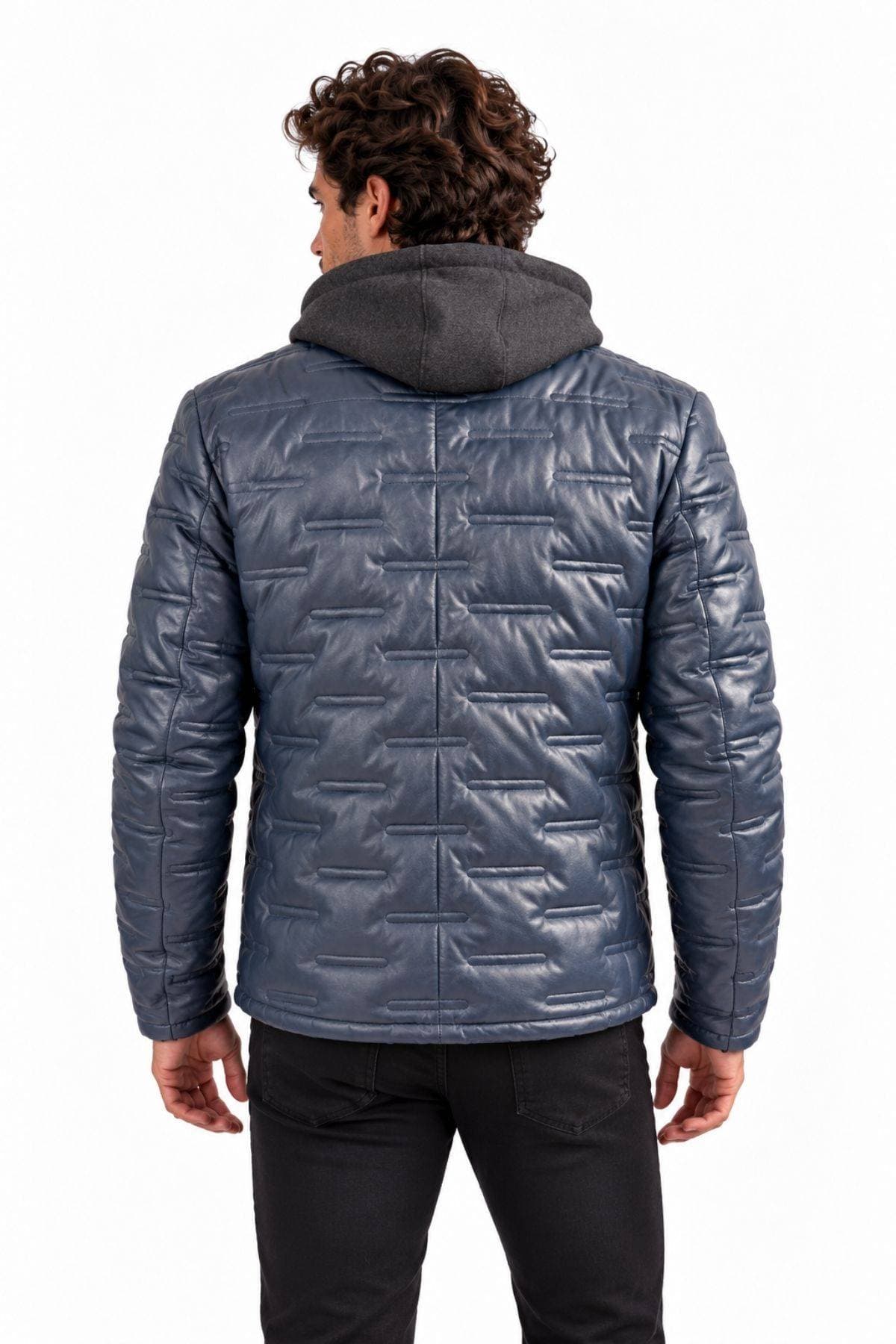 Milestone of Germany Leather Puffer Hooded Jacket – Deep Lagoon Blue -  - Alternative view 3