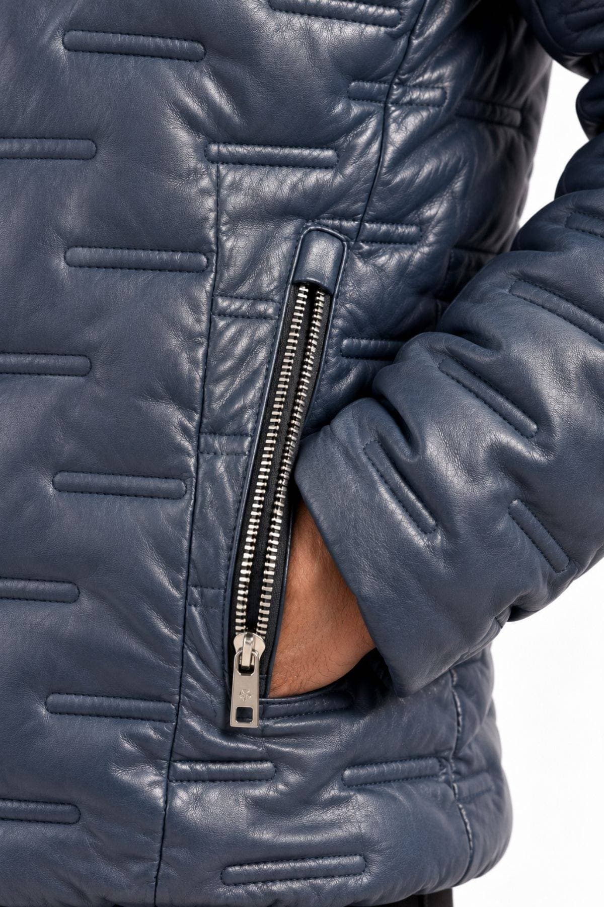 Milestone of Germany Leather Puffer Hooded Jacket – Deep Lagoon Blue -  - Alternative view 5