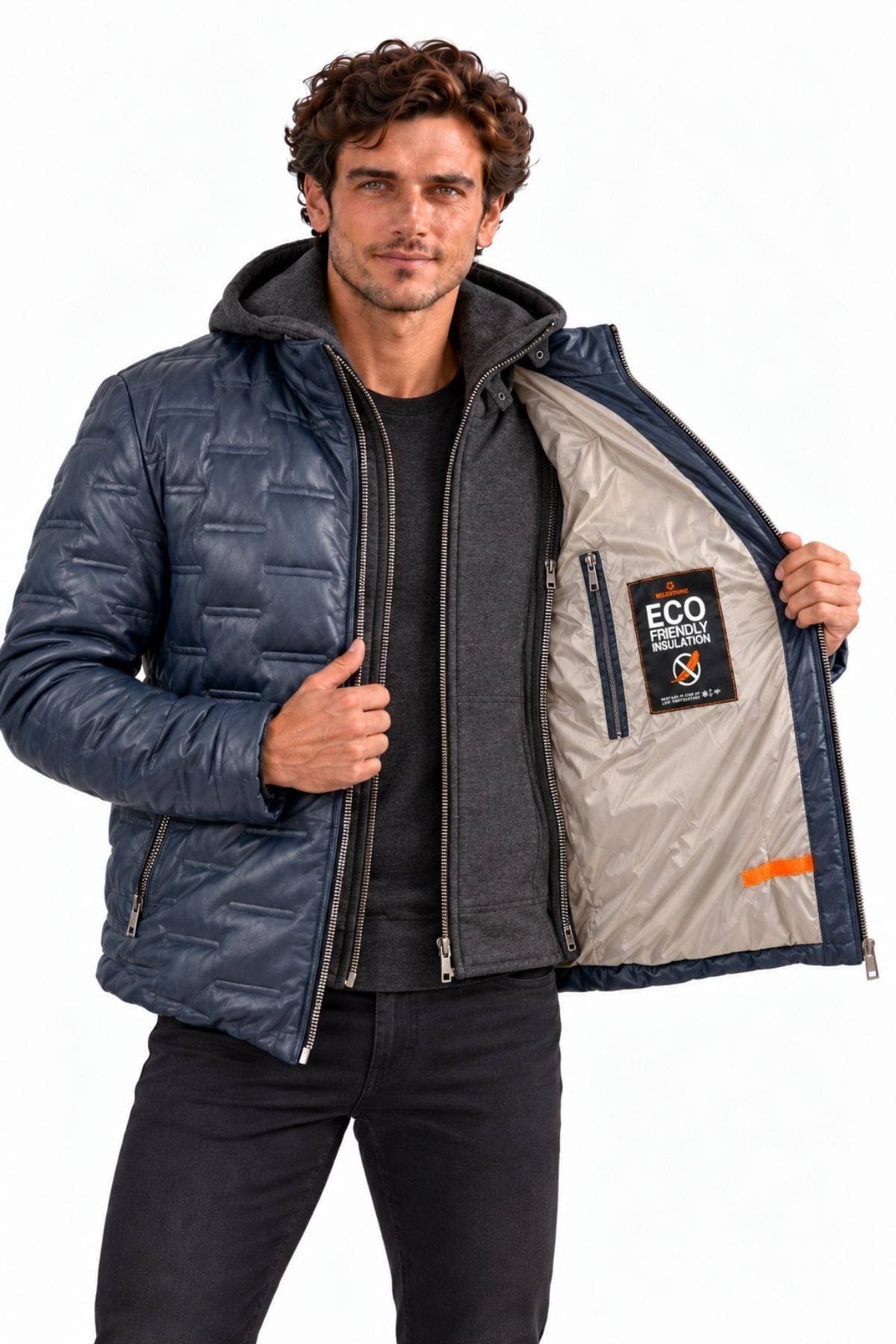 Milestone of Germany Leather Puffer Hooded Jacket – Deep Lagoon Blue - $785.00 - View 6 of 6