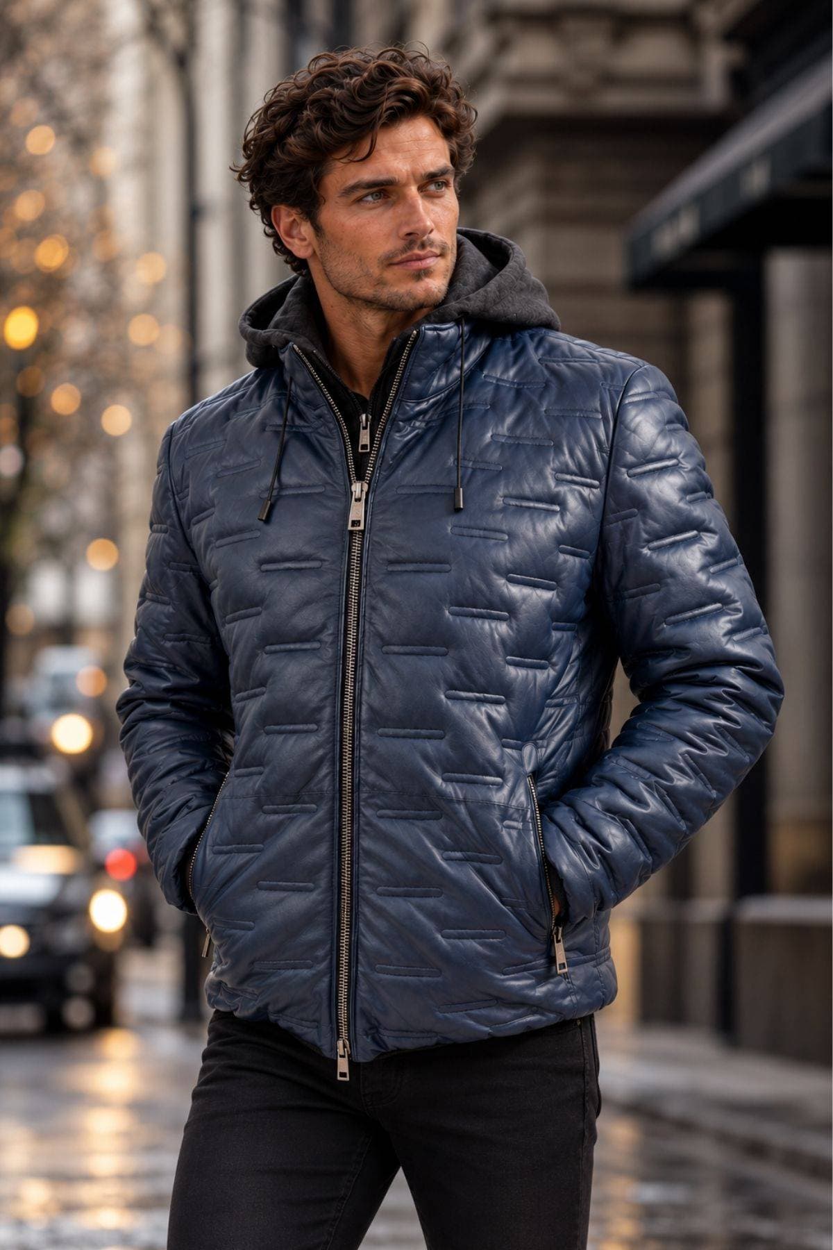 Milestone of Germany Leather Puffer Hooded Jacket – Deep Lagoon Blue -  - Alternative view 2