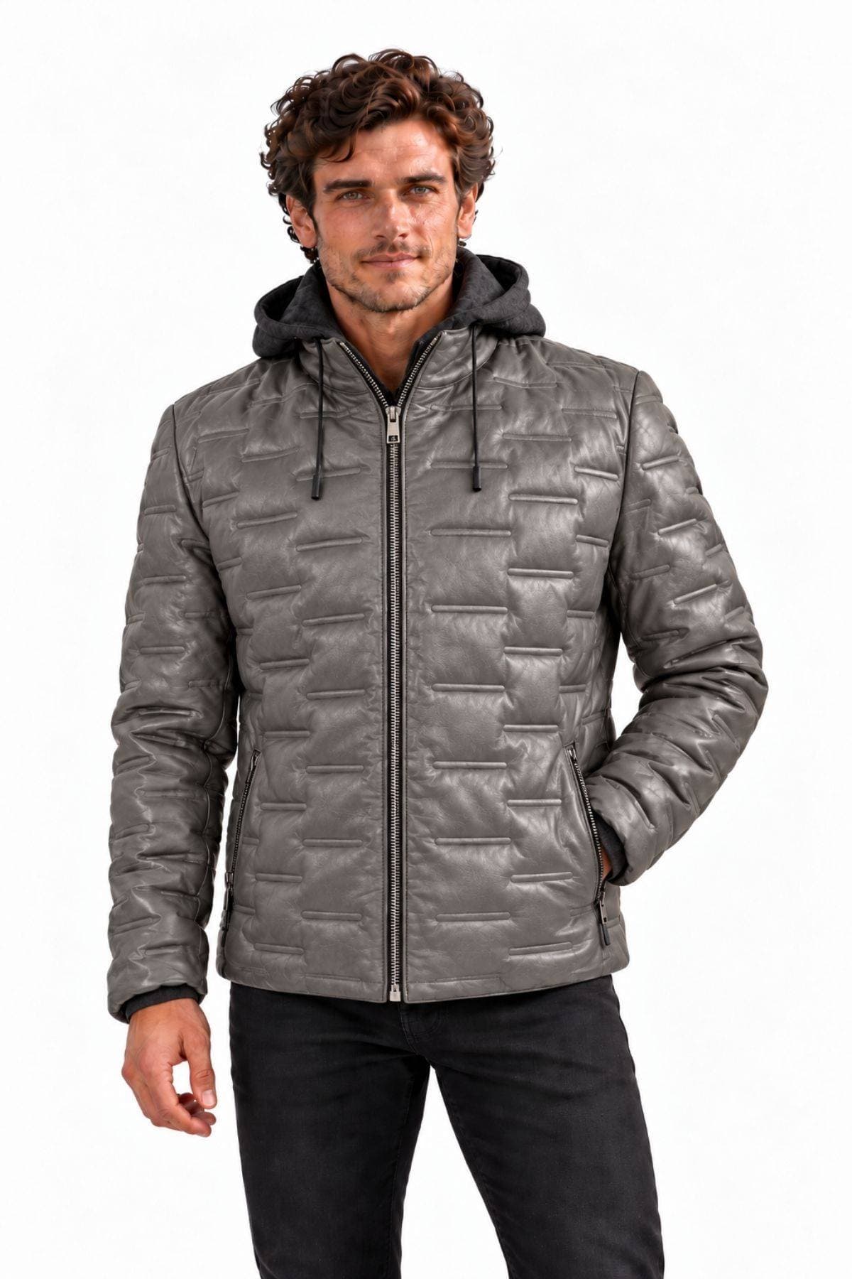 Milestone of Germany Leather Puffer Hooded Jacket – Grey - $785.00 - View 1 of 4