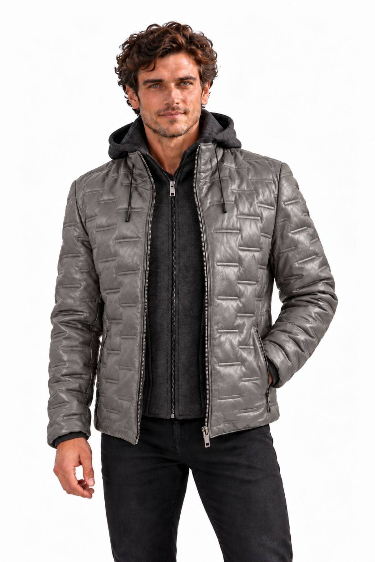 Milestone of Germany Leather Puffer Hooded Jacket – Grey - $785.00 - View 3 of 4
