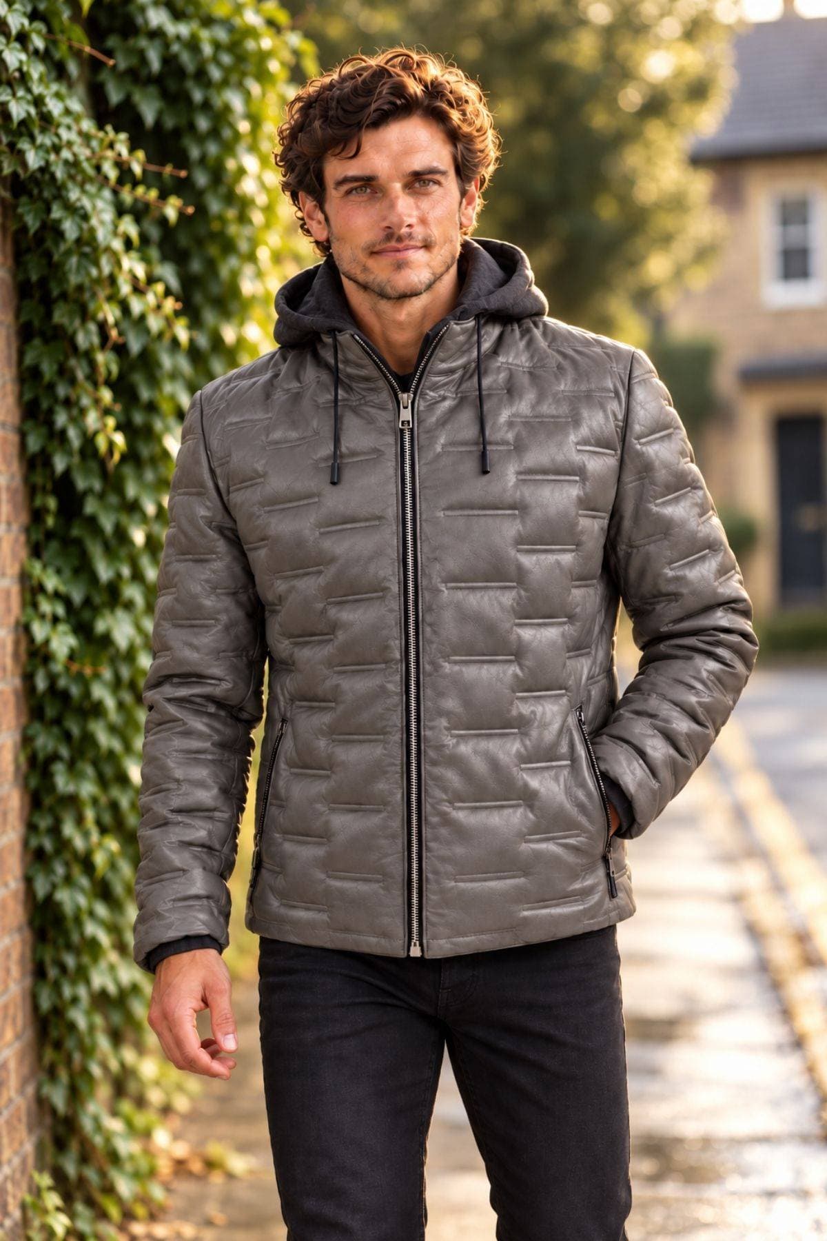 Milestone of Germany Leather Puffer Hooded Jacket – Grey - $785.00 - View 2 of 4