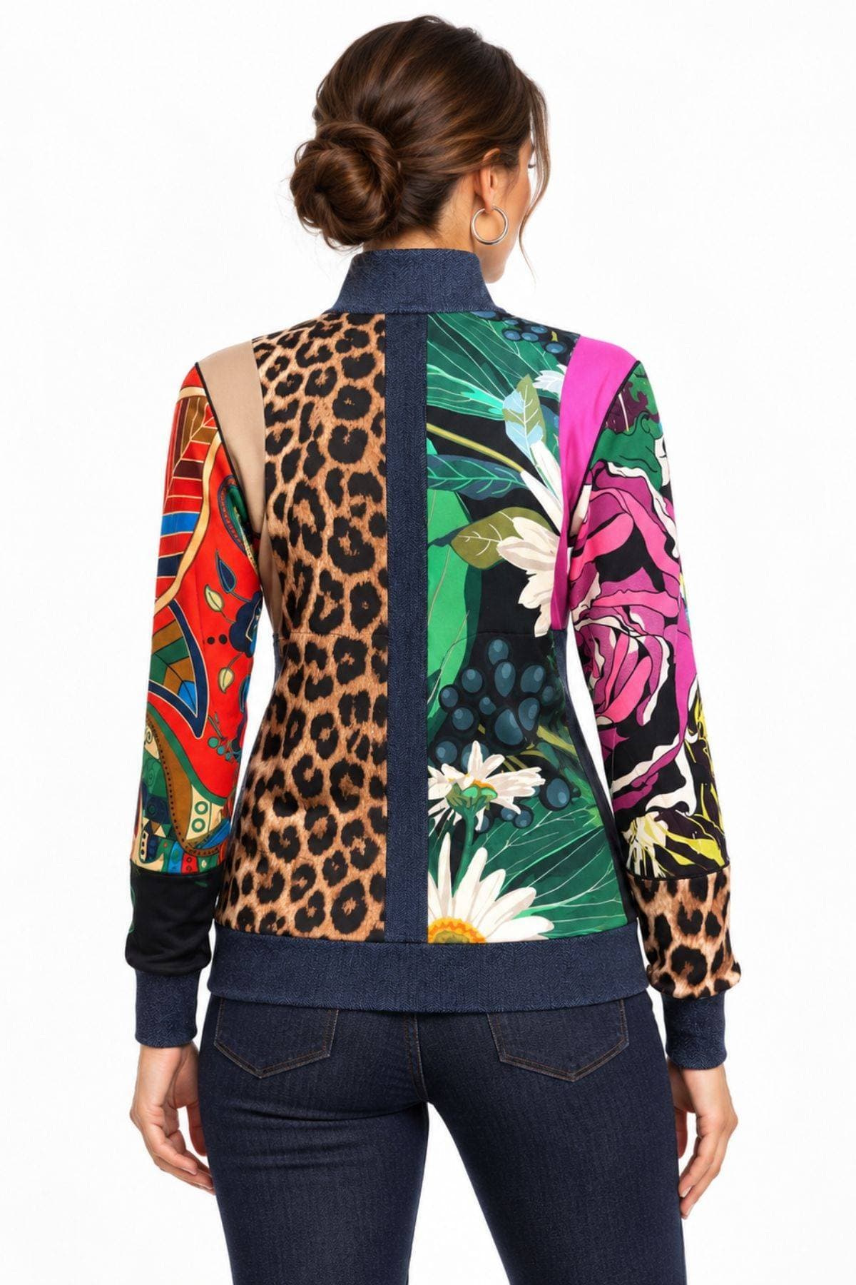 Mixed-Print Zip-Front Jersey Shirt Jacket with Denim Trim | Women's -  - Alternative view 5