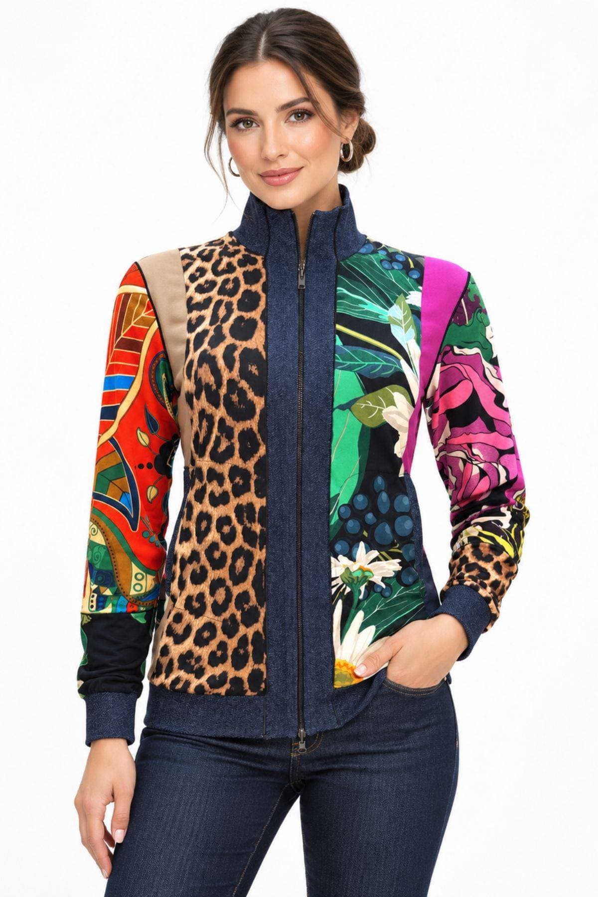 Mixed-Print Zip-Front Jersey Shirt Jacket with Denim Trim | Women's -  - Main product view