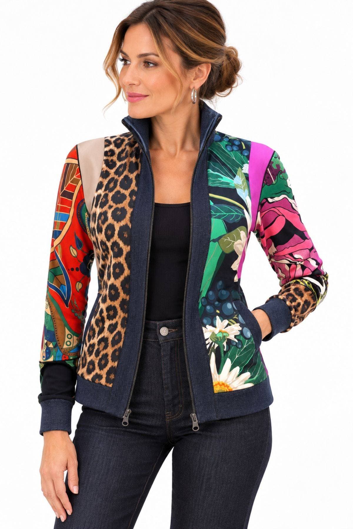 Mixed-Print Zip-Front Jersey Shirt Jacket with Denim Trim | Women's -  - Alternative view 4