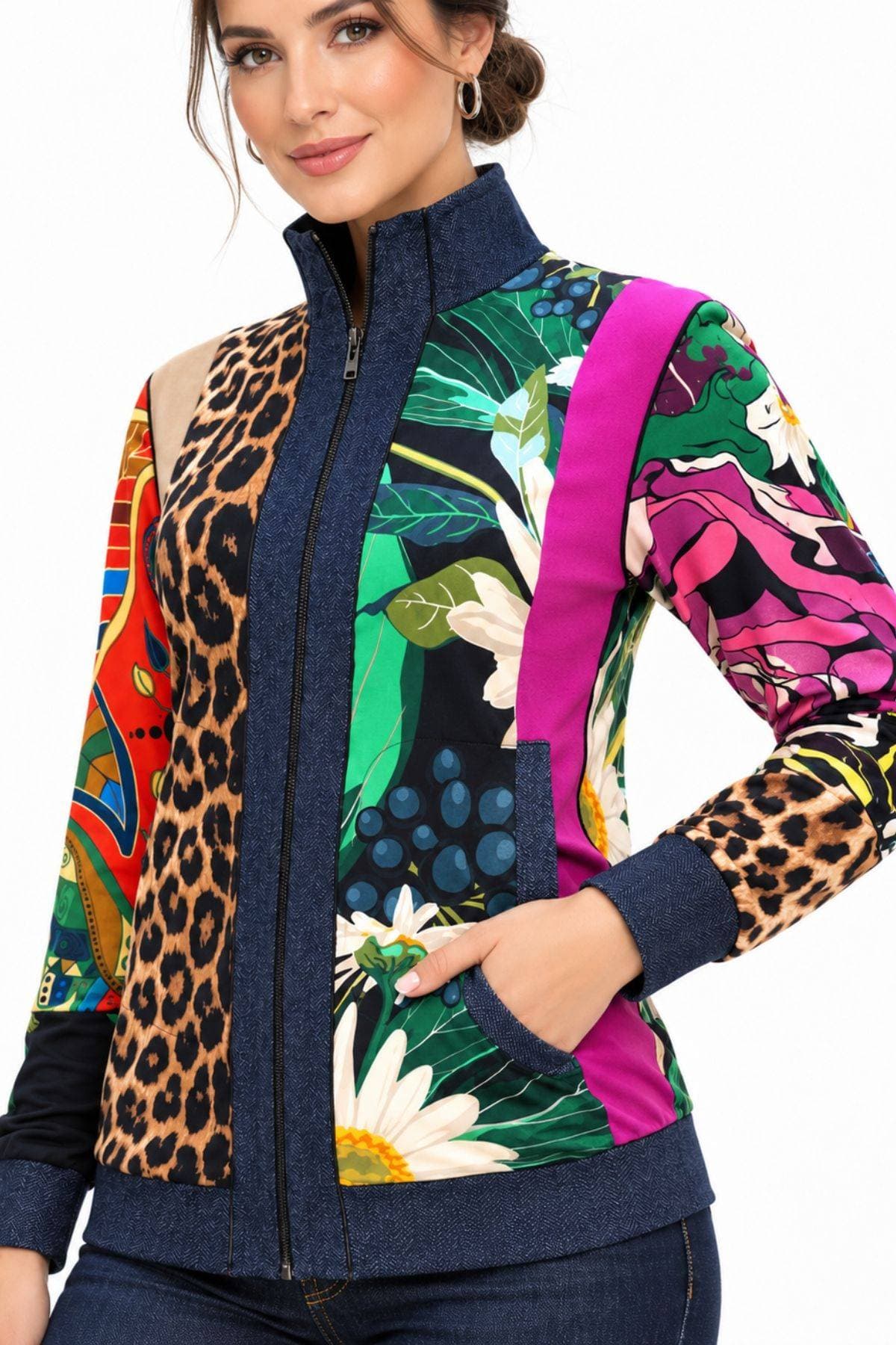 Mixed-Print Zip-Front Jersey Shirt Jacket with Denim Trim | Women's - $245.00 - View 6 of 6