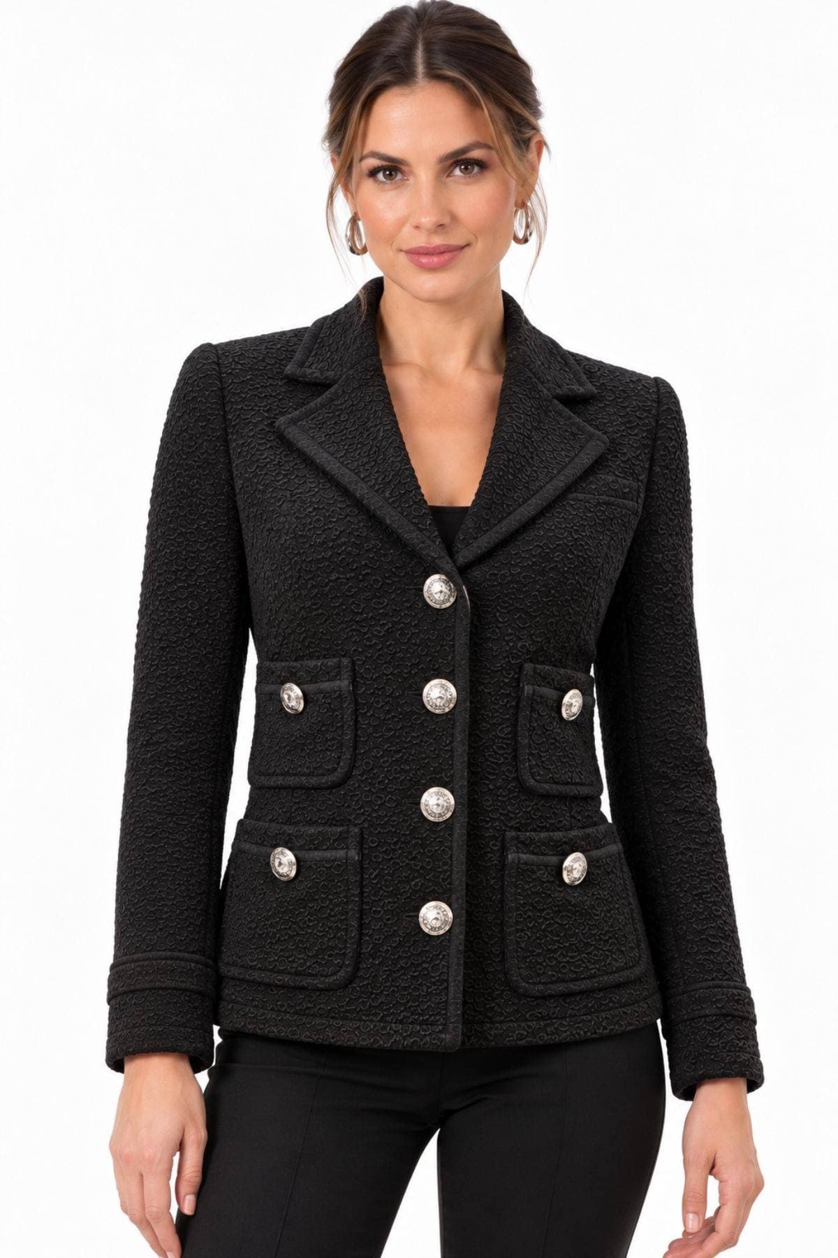 Black Pebble-Textured Jersey Knit Blazer with Silver Military Buttons | Women's -  - Main product view