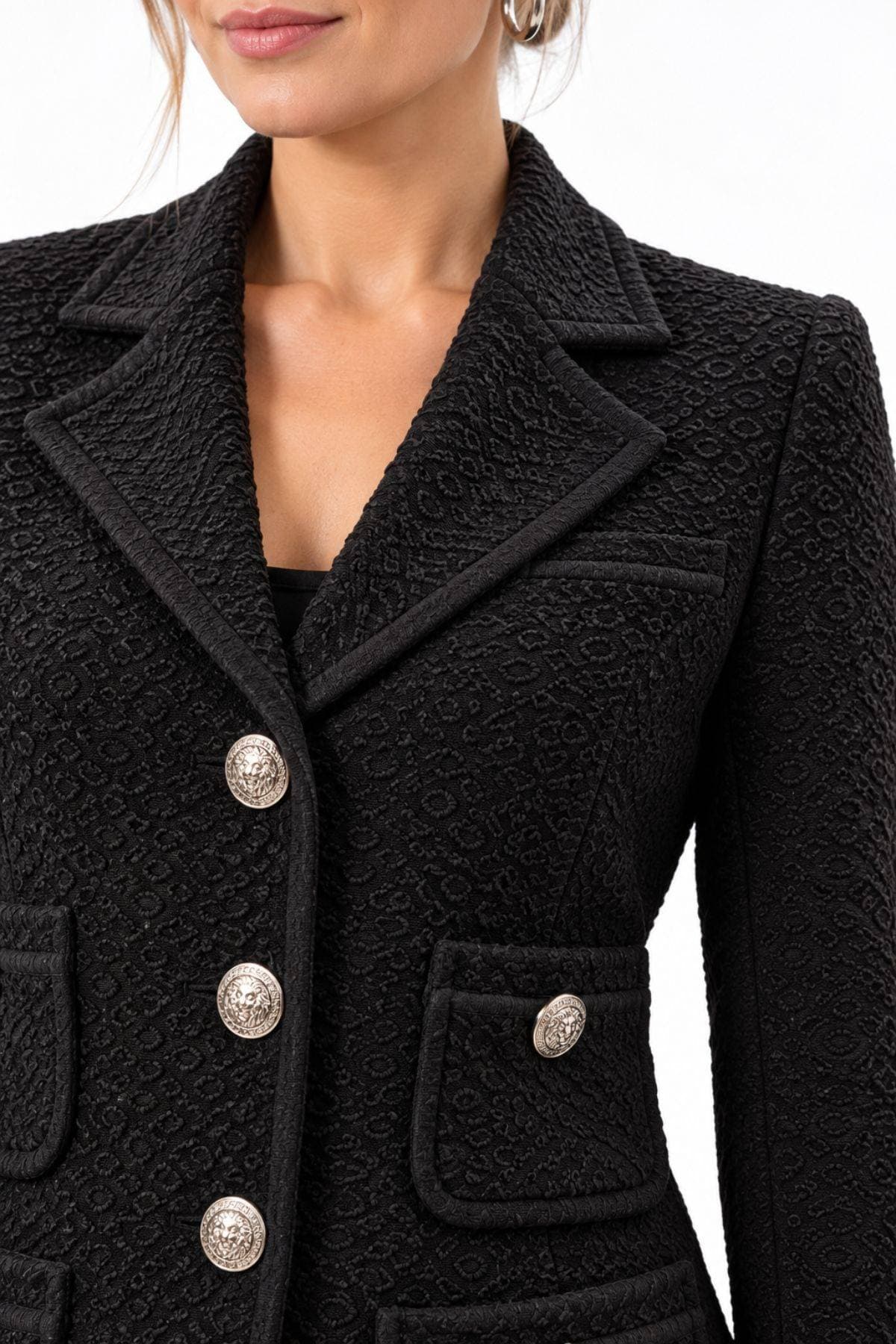 Black Pebble-Textured Jersey Knit Blazer with Silver Military Buttons | Women's -  - Alternative view 5