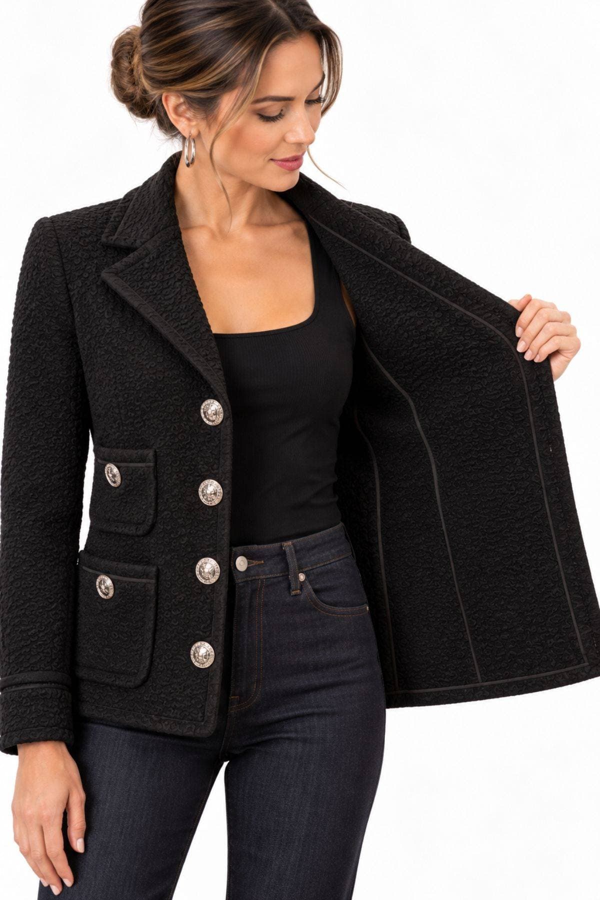 Black Pebble-Textured Jersey Knit Blazer with Silver Military Buttons | Women's -  - Alternative view 4