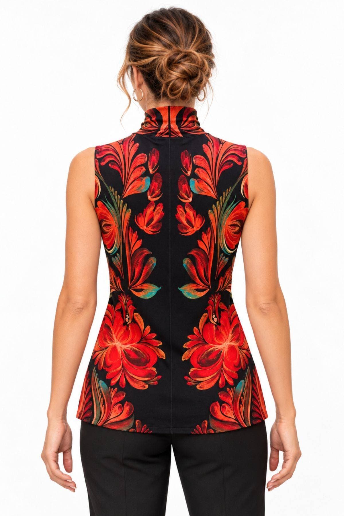 Tropical Floral Placement Print Sleeveless Mock Neck Top | Women's - $165.00 - View 3 of 4