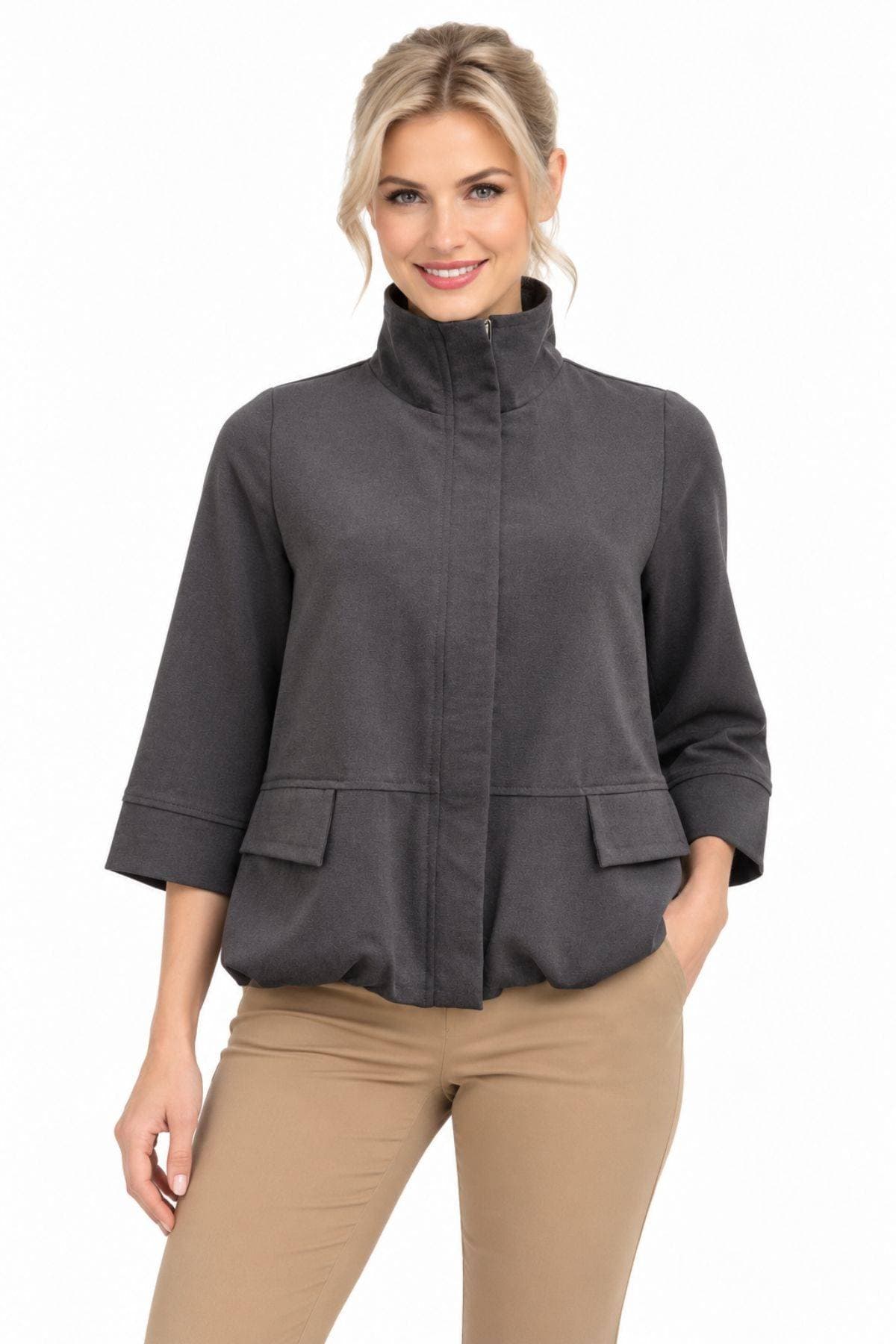 Charcoal Grey Crepe Zip Blouson Jacket | Women's -  - Alternative view 3