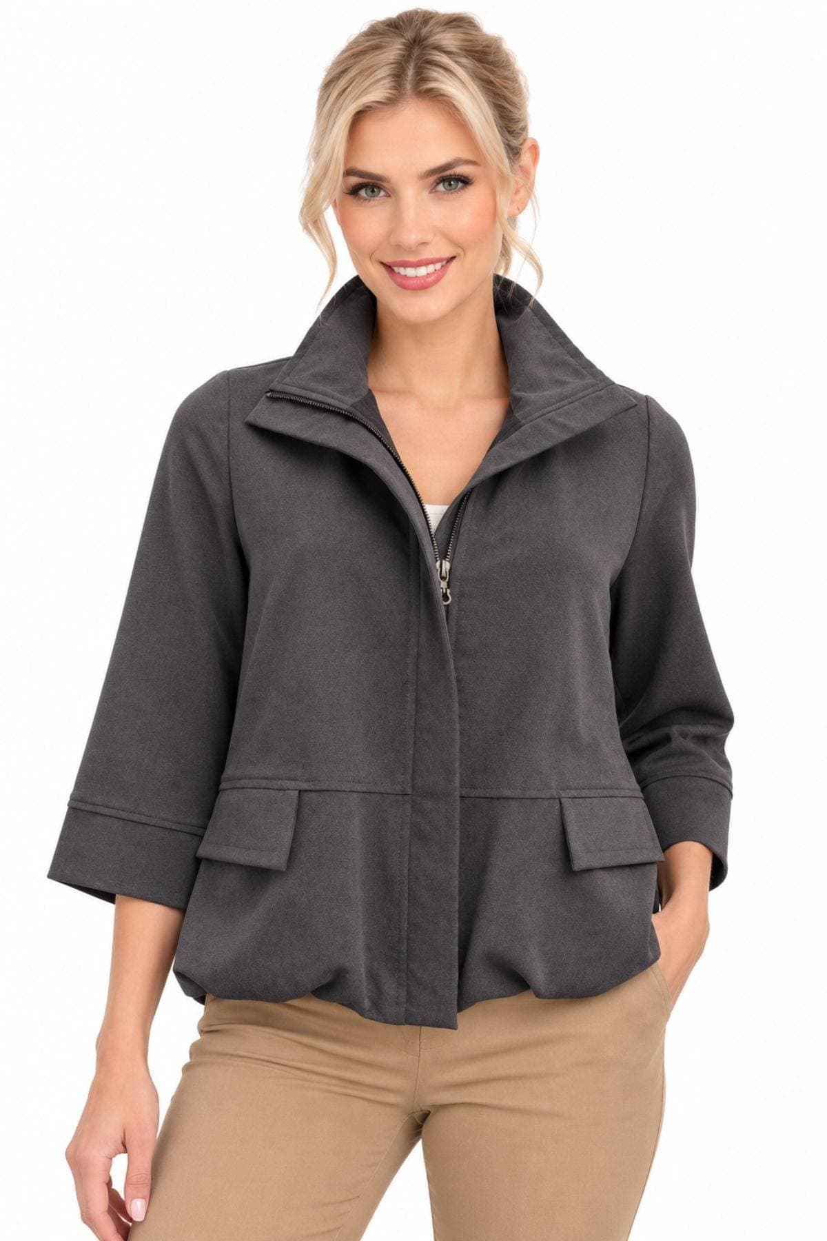 Charcoal Grey Crepe Zip Blouson Jacket | Women's -  - Main product view