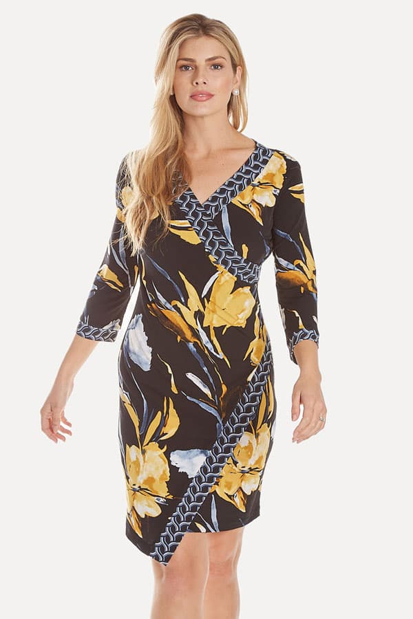 Black Frank Lyman Jersey Multi Print Wrap Dress | Women's - $137.50 - View 2 of 3