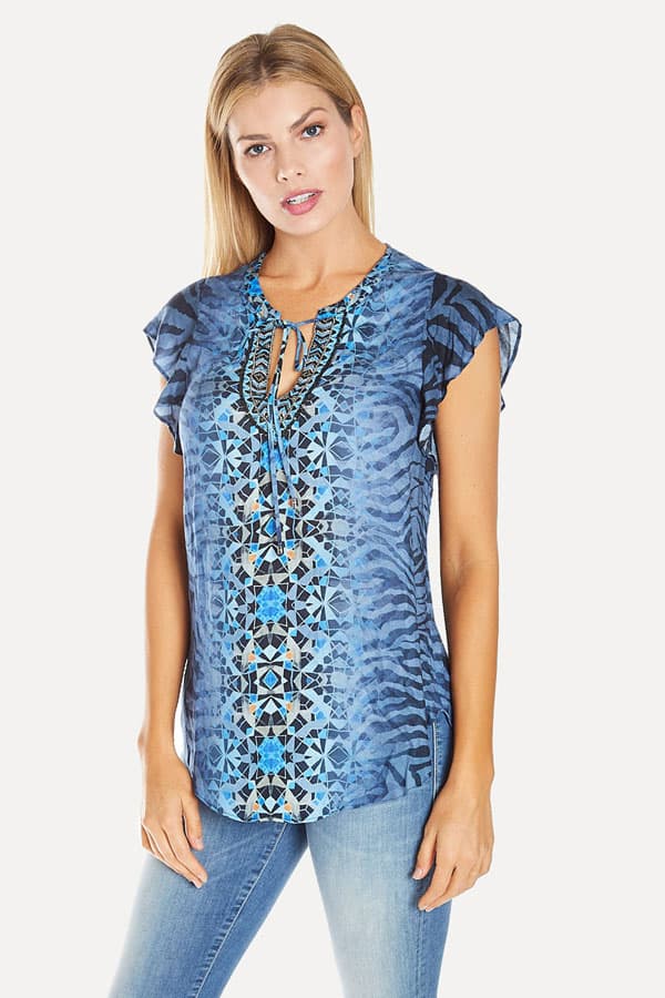 women's blue cap flutter sleeve rayon top with tiger stripes print