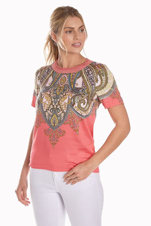 women's short sleeve printed pink tee front
