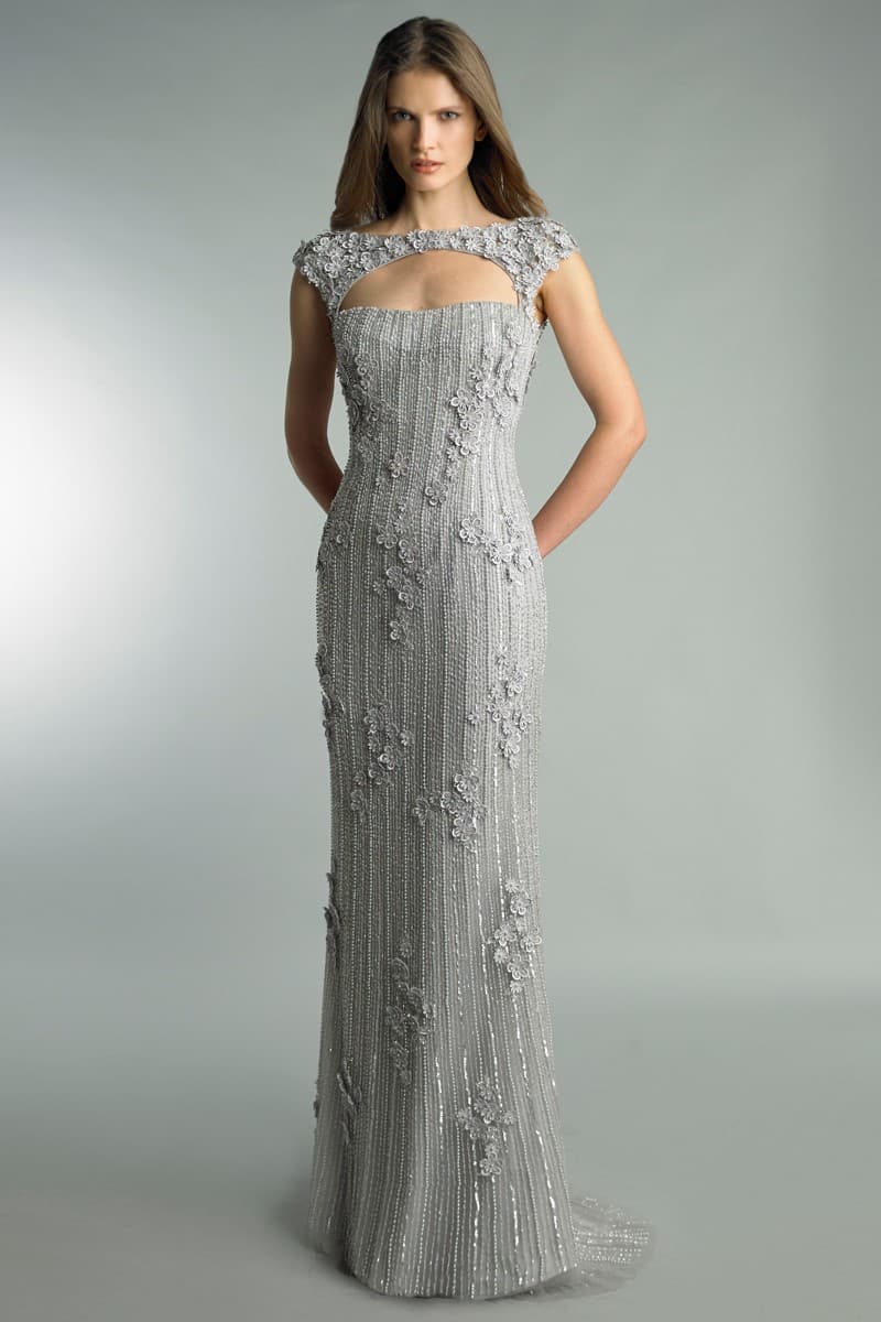 Silver Beaded Embroidered Sweetheart Neck Gown