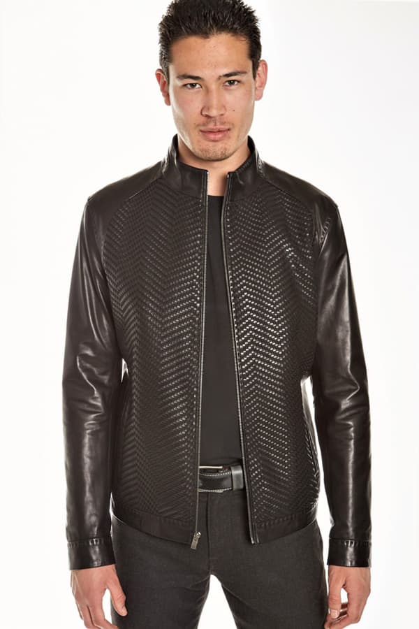 Top Quality Leather Zip Blouson-Woven Chevron front panels