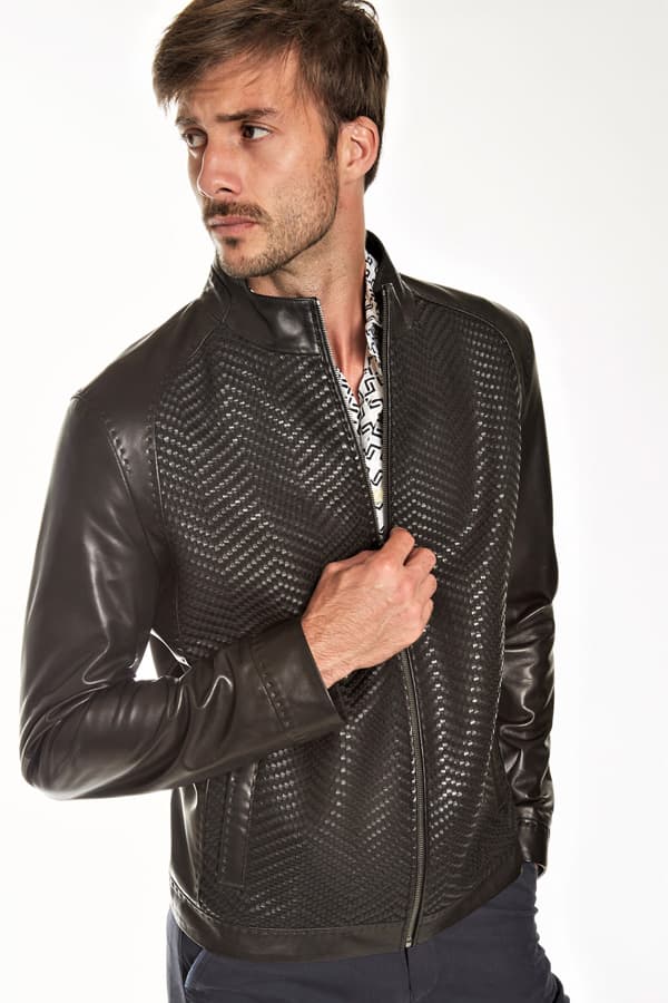 Top Quality Leather Zip Blouson-Woven Chevron front panels