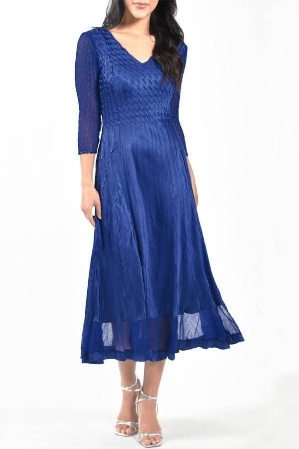 3/4 Sleeve Solid Navy Blue Pleat Dress | Komarov Dress
