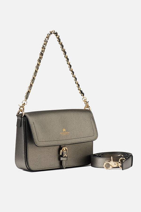 Italian Leather Flap Pewter Crossbody