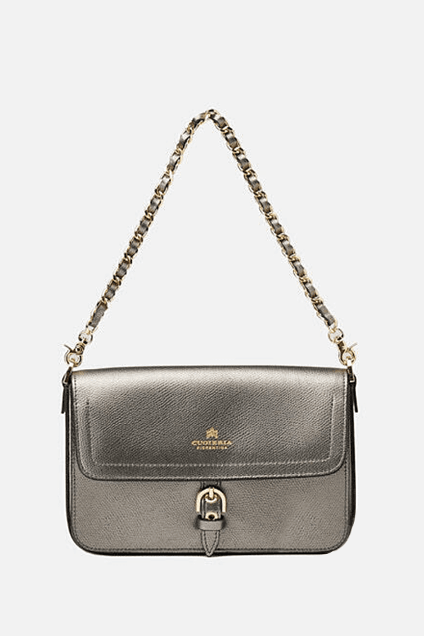 Italian Leather Flap Pewter Crossbody
