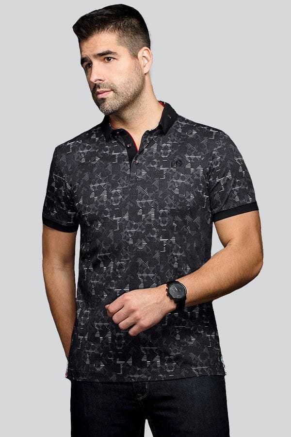 Black Knit Polo Print Shirt