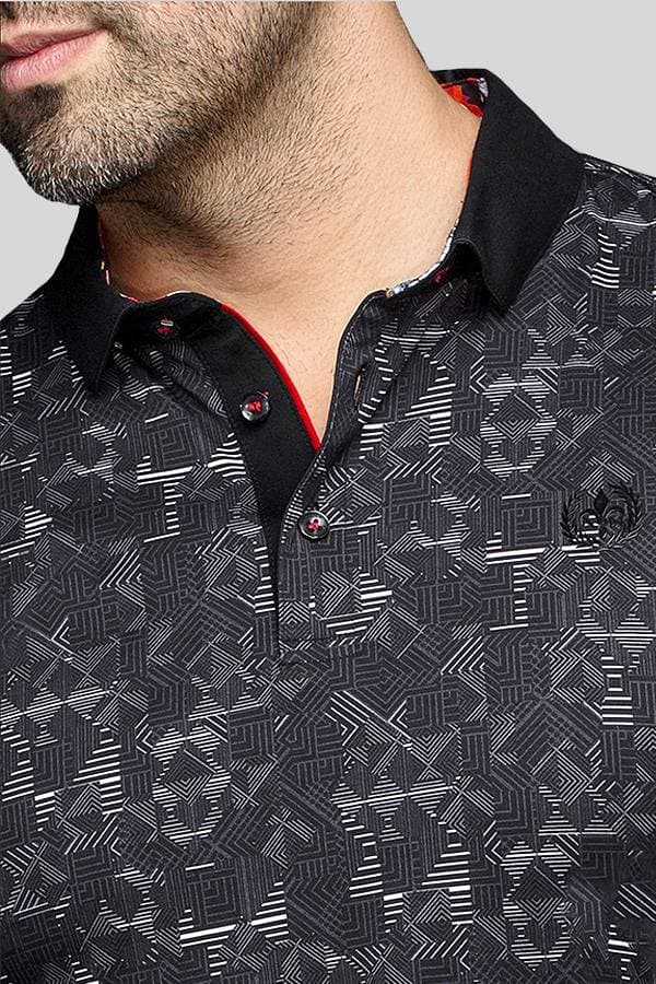 Black Knit Polo Print Shirt
